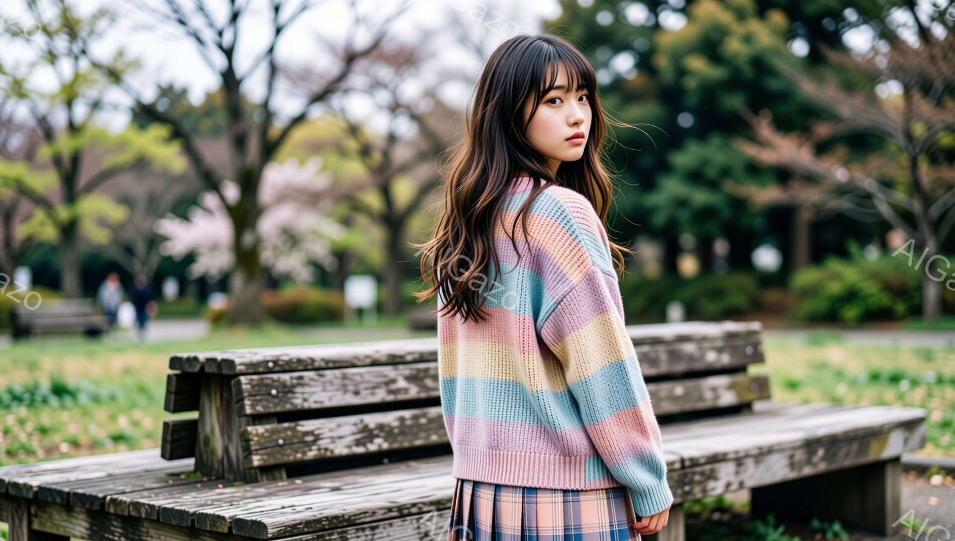 長い茶色の髪をなびかせ、ピンクと水色のブロックで構成されたセーターとチェック柄のスカートを身に着けた若い女性が、公園の木製ベンチの前に立っている。彼女は振り返っており、少し憂いを帯びた表情をしている。 - AI生成フリー素材