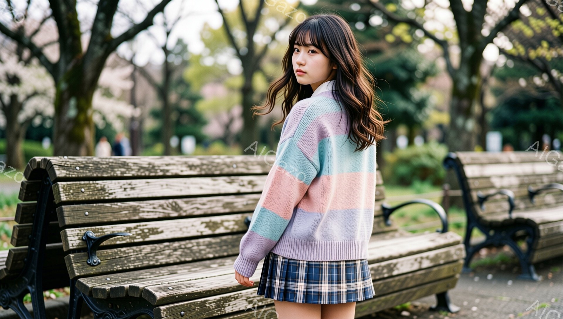 若い女性が、ピンク、ラベンダー、水色のストライプのセーターとチェック柄のプリーツスカートを着て立っています。彼女は肩までの長さの茶色の髪で、少し振り返ってこちらを見ています。背景には木々が咲き誇り、公園のベンチがいくつかあり、春の穏やかな日であることを示しています。