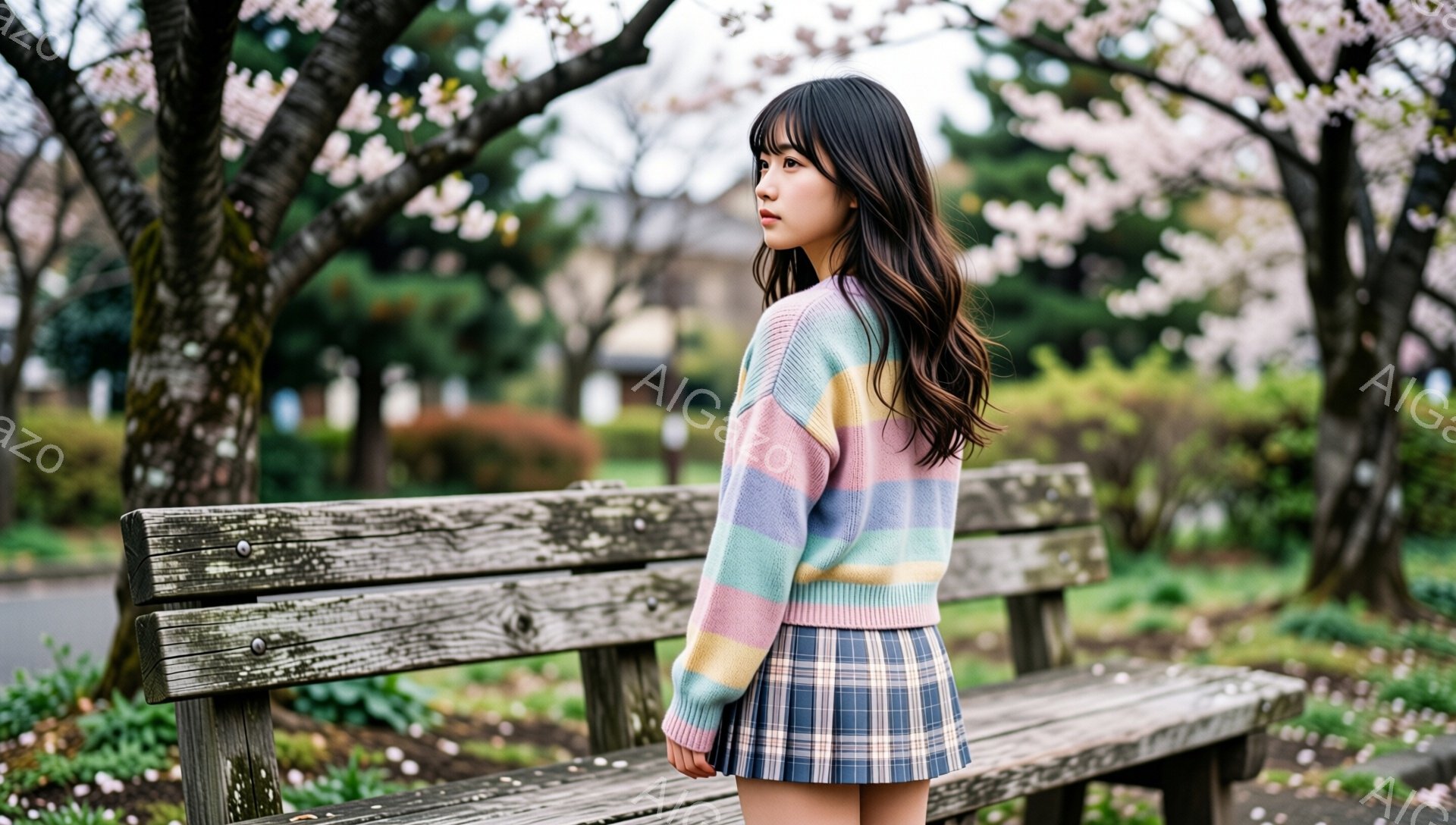 長い黒髪を肩まで伸ばした若い女性が、公園のベンチのそばに立っている。彼女はパステルカラーのストライプセーターとチェック柄のプリーツスカートを身に着け、少し後ろを振り向いたポーズを取っている。背景には、 - AI生成フリー素材