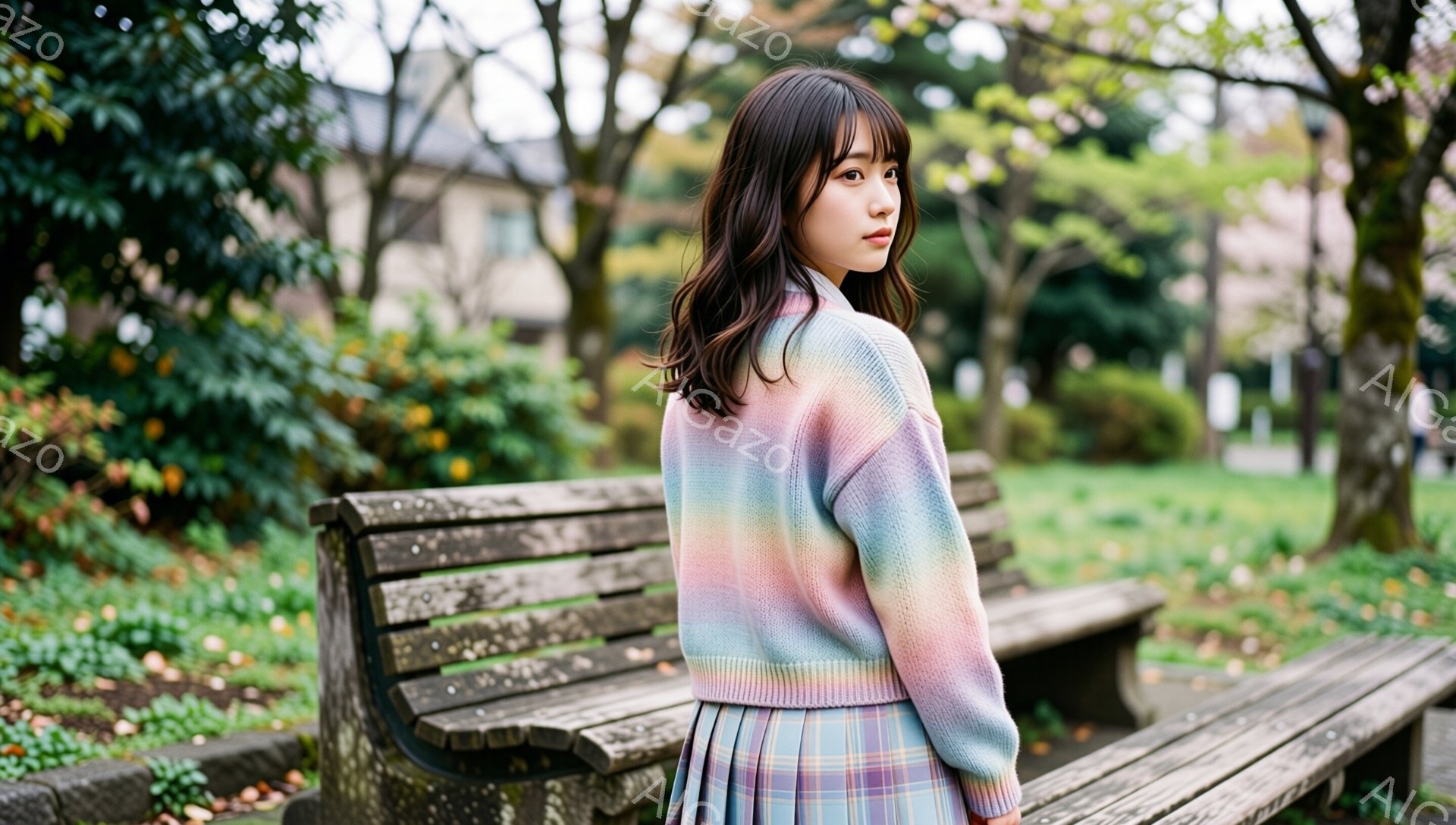 少女は、虹色のクロップド丈のニットカーディガンと、チェック柄のプリーツスカートを身に着けています。彼女は後ろを振り返り、少し憂いを帯びた表情で、艶やかな黒髪を肩まで伸ばしています。背景には木々やベンチ - AI生成フリー素材