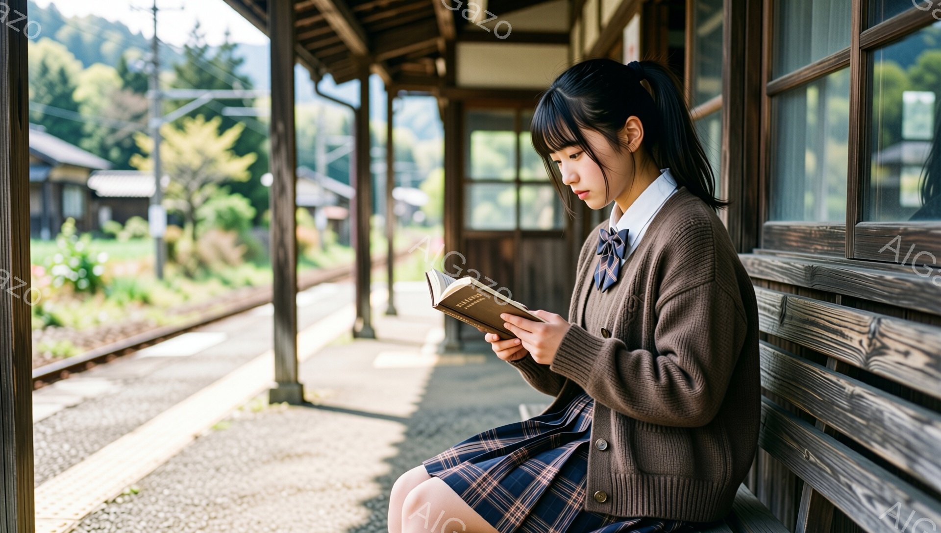 茶髪の少女が、茶色のカーディガンとチェック柄のスカート、白いブラウスを身に着けて、線路沿いのベンチに座って本を読んでいます。彼女は横向きで、少しうつむき加減で集中した表情をしています。背景には、木製の - AI生成フリー素材