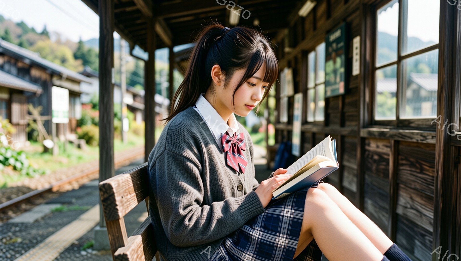 制服を着た若い女性が、木製のベンチに座って本を読んでいます。彼女はグレーのセーターとチェック柄のスカートを着ており、髪は後ろでポニーテールに結ばれています。背景には、線路と古い木造の駅舎が見え、緑豊かな自然に囲まれています。