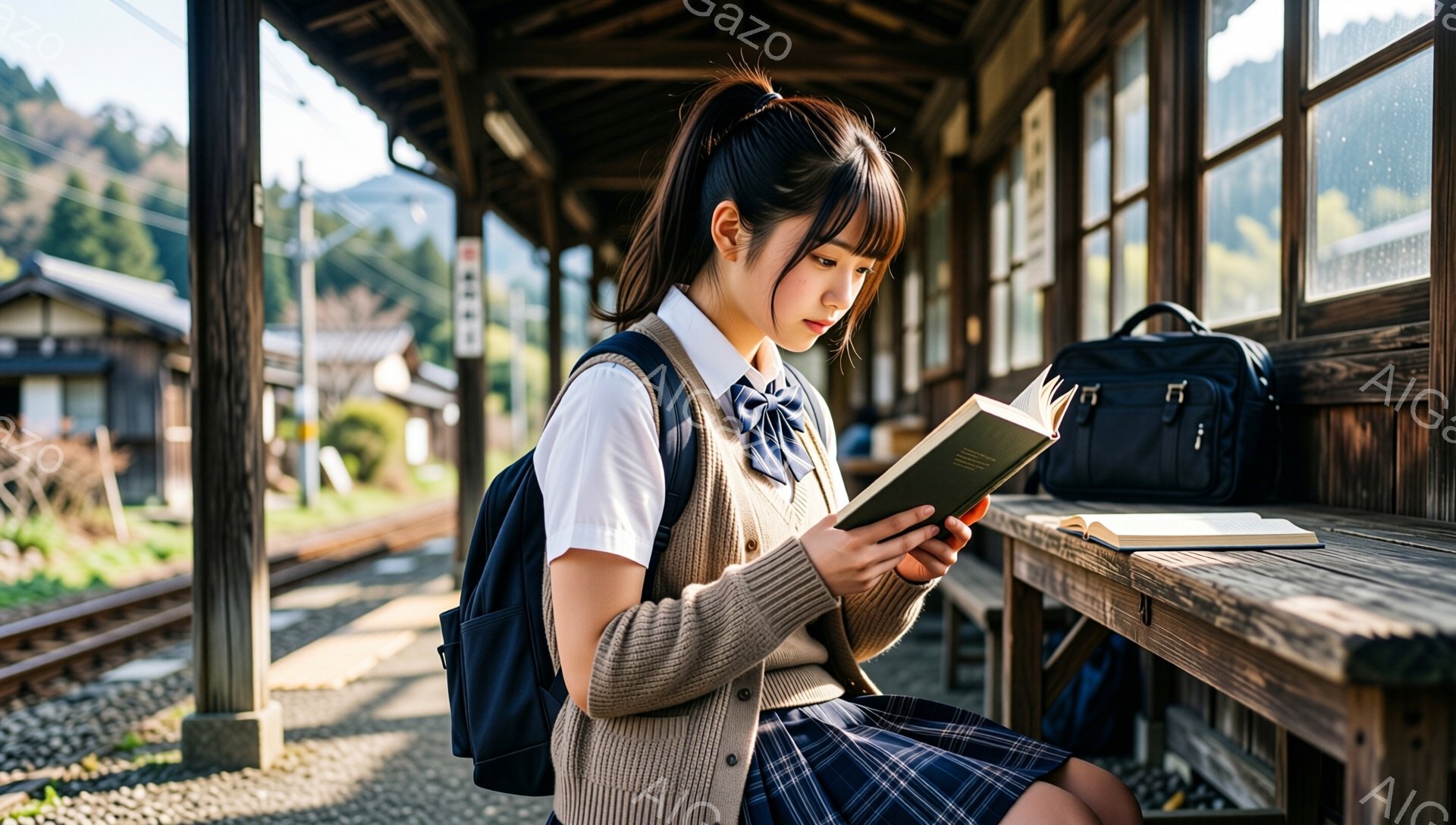 茶髪の少女が駅のベンチに座り、本を読んでいます。紺色のリボンとセーターベスト、チェック柄のスカート、そして黒いリュックサックを着ており、真剣な表情で読書に集中しています。背景には線路と木造の駅舎が見え、晴れた日の穏やかな雰囲気が漂っています。