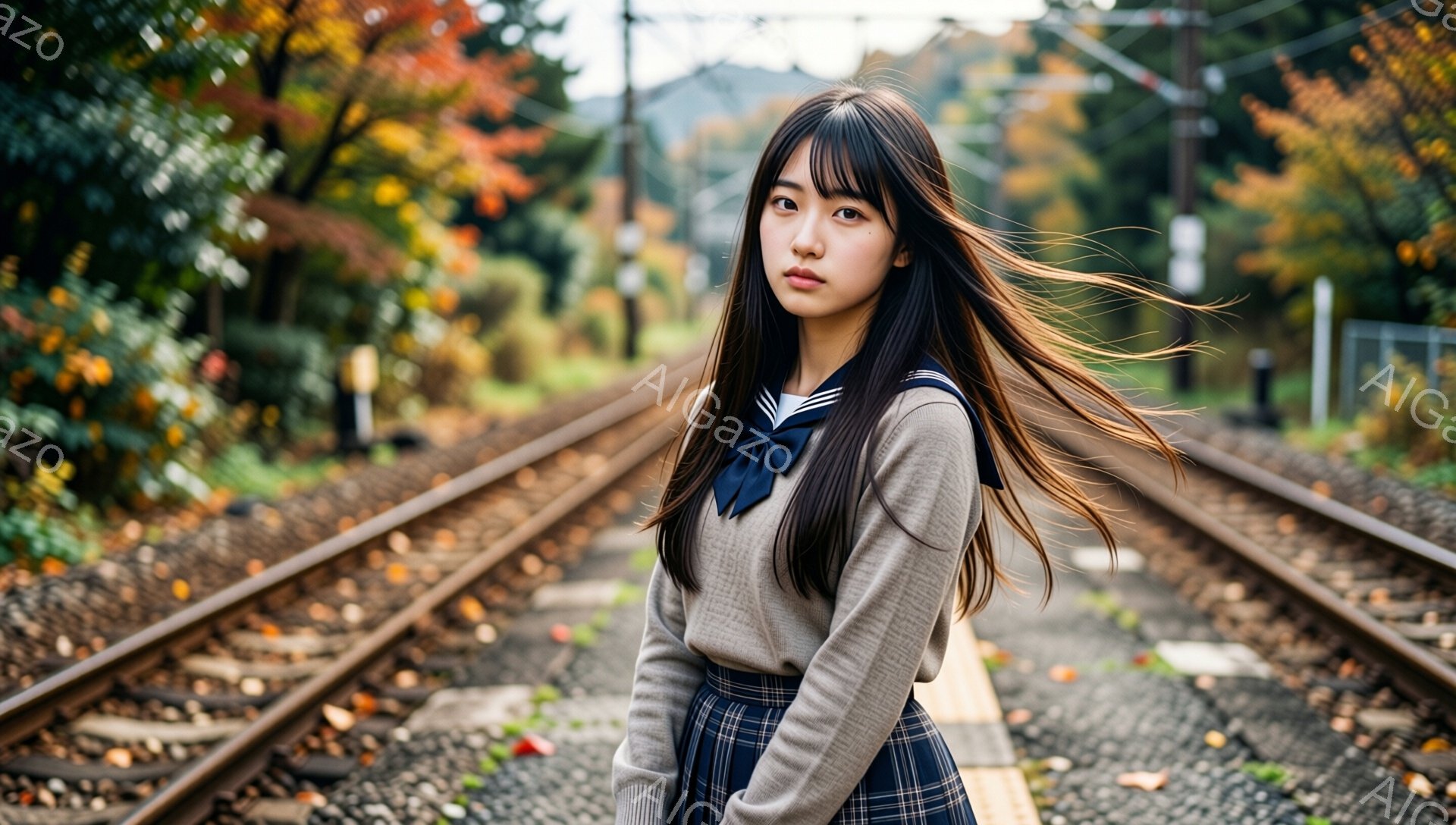 茶色の長い髪を風になびかせた女子高生が、鉄道の線路の真ん中でこちらを見つめている。ベージュのセーターにチェック柄のスカート、リボンが特徴的な制服を着ており、少し憂いを帯びた表情をしている。背景には、紅葉した木々と線路脇の草むら、曇り空が広がり、どこか寂しげな秋の雰囲気を醸し出している。