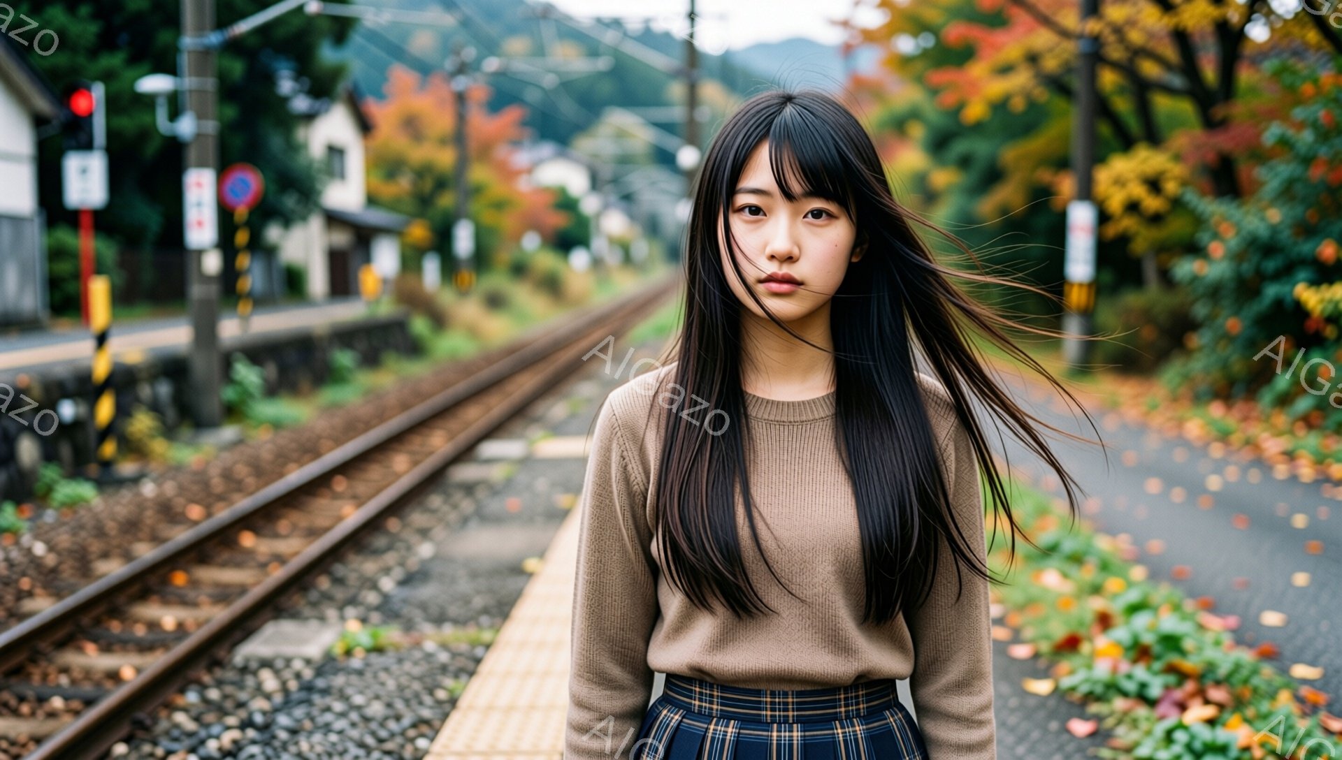 長い黒髪をなびかせ、ベージュのセーターとチェック柄のスカートを着た若い女性が、鉄道の線路脇のホームに立っている。彼女は少し憂いを含んだ表情で、正面をまっすぐ見つめている。背景には、紅葉した木々や線路沿 - AI生成フリー素材
