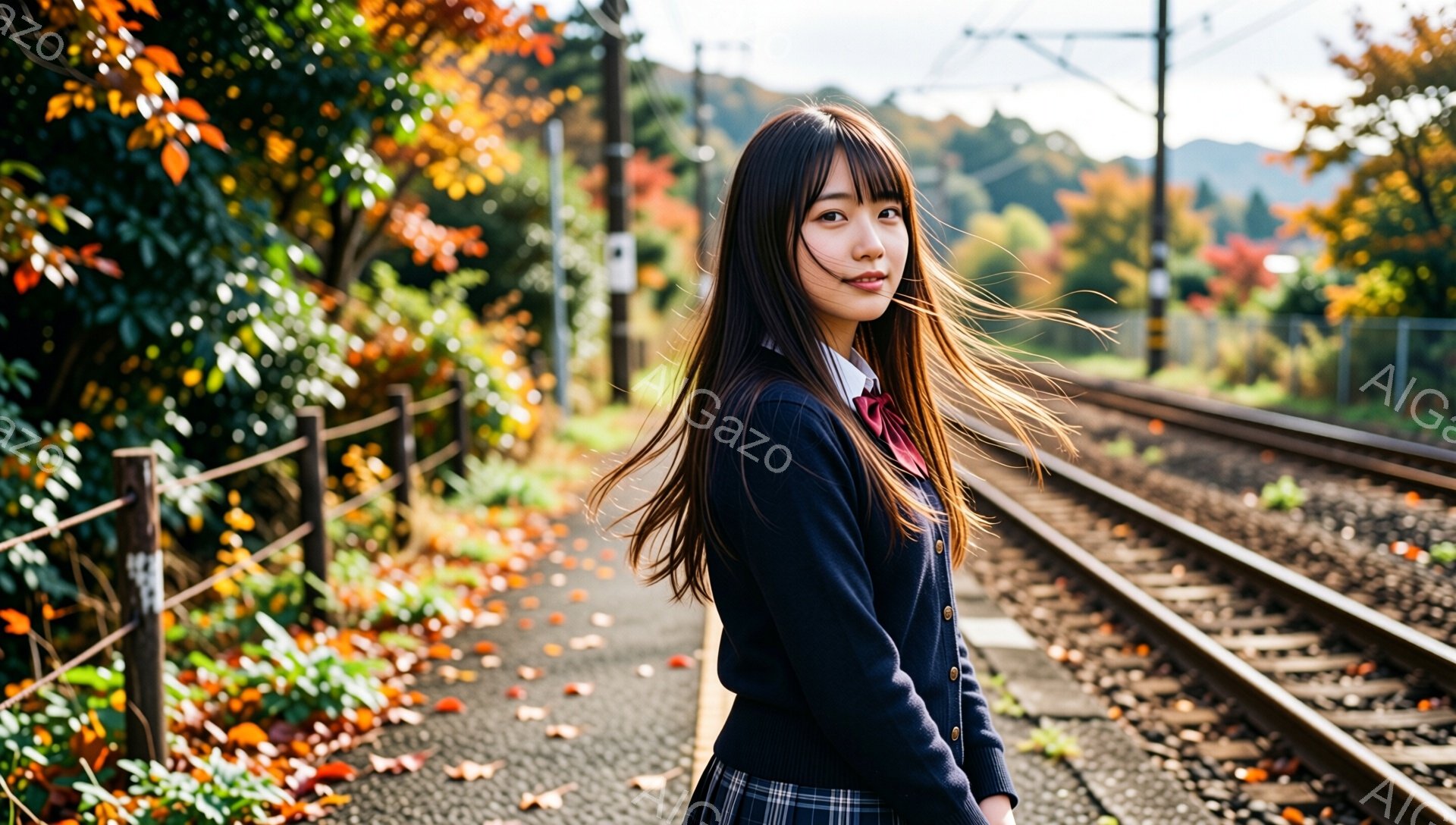 画像には、茶色の髪の女性が、紺色のブレザーとチェックのスカートの制服を着て、線路の横で振り返っている様子が写っています。彼女は少し微笑んでおり、風になびく髪が印象的です。背景には紅葉した木々と線路が広 - AI生成フリー素材
