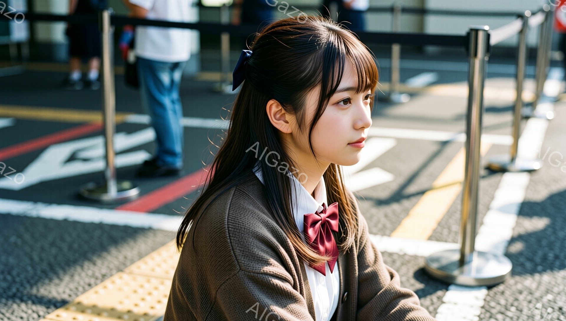 茶髪の長い髪を横に流し、紺色のリボンでポニーテールにしている少女が写っている。茶色のカーディガンと白いシャツ、赤いネクタイ姿で、どこか物憂げな表情で前方をじっと見つめている。背景には歩道と金属製の柵、そしてぼやけた人物が見え、全体的に少し寂しげで物静かな雰囲気が漂っている。