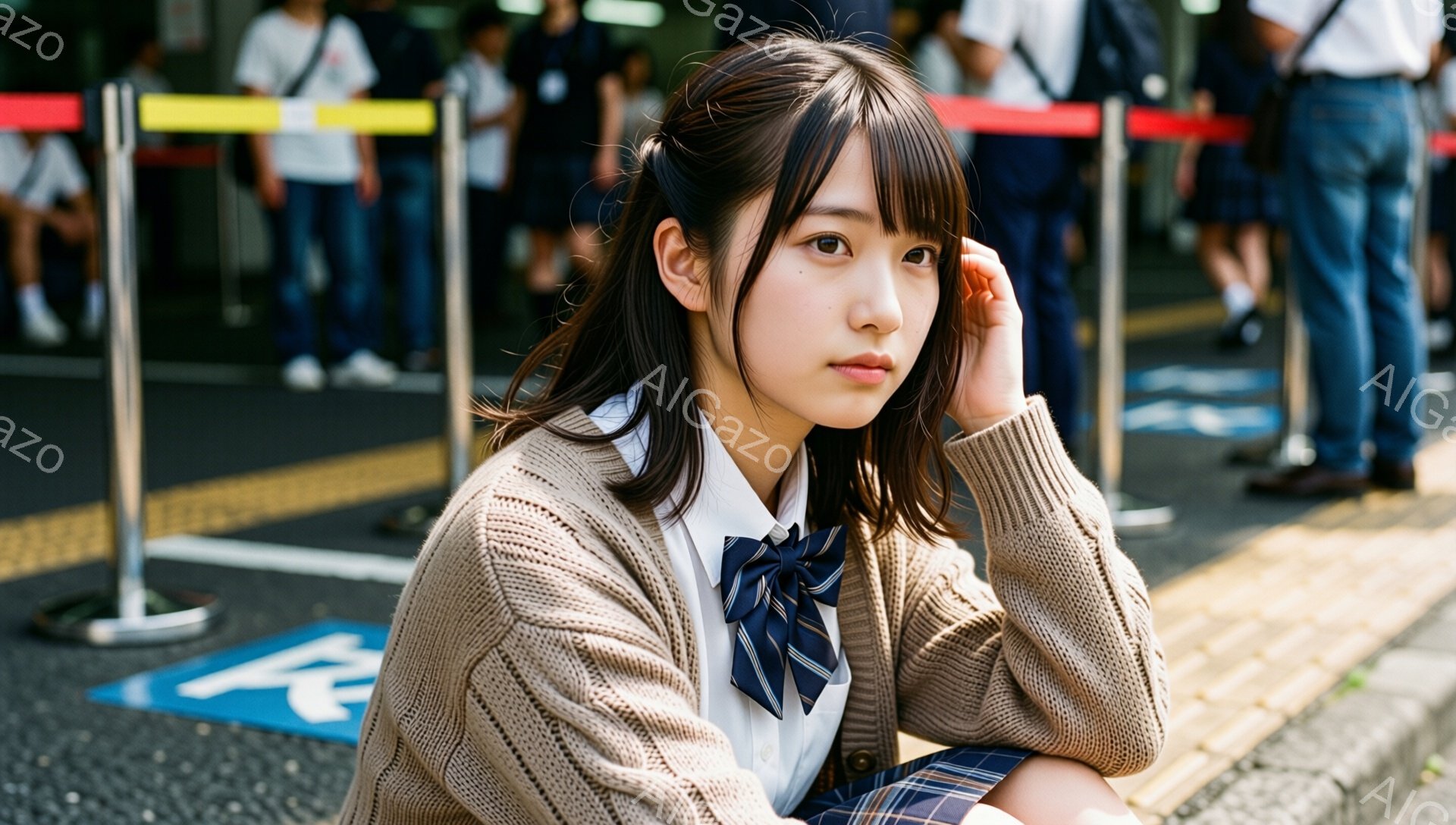 茶髪の若い女性が、ベージュのカーディガン、白いシャツ、チェック柄のスカートという制服を着ています。彼女は片手を頬にあて、少し憂いのある表情で横を向いています。背景には、歩道と交通規制用のポール、そしてぼやけた人々の姿が見え、少し曇り空の下で落ち着いた雰囲気です。