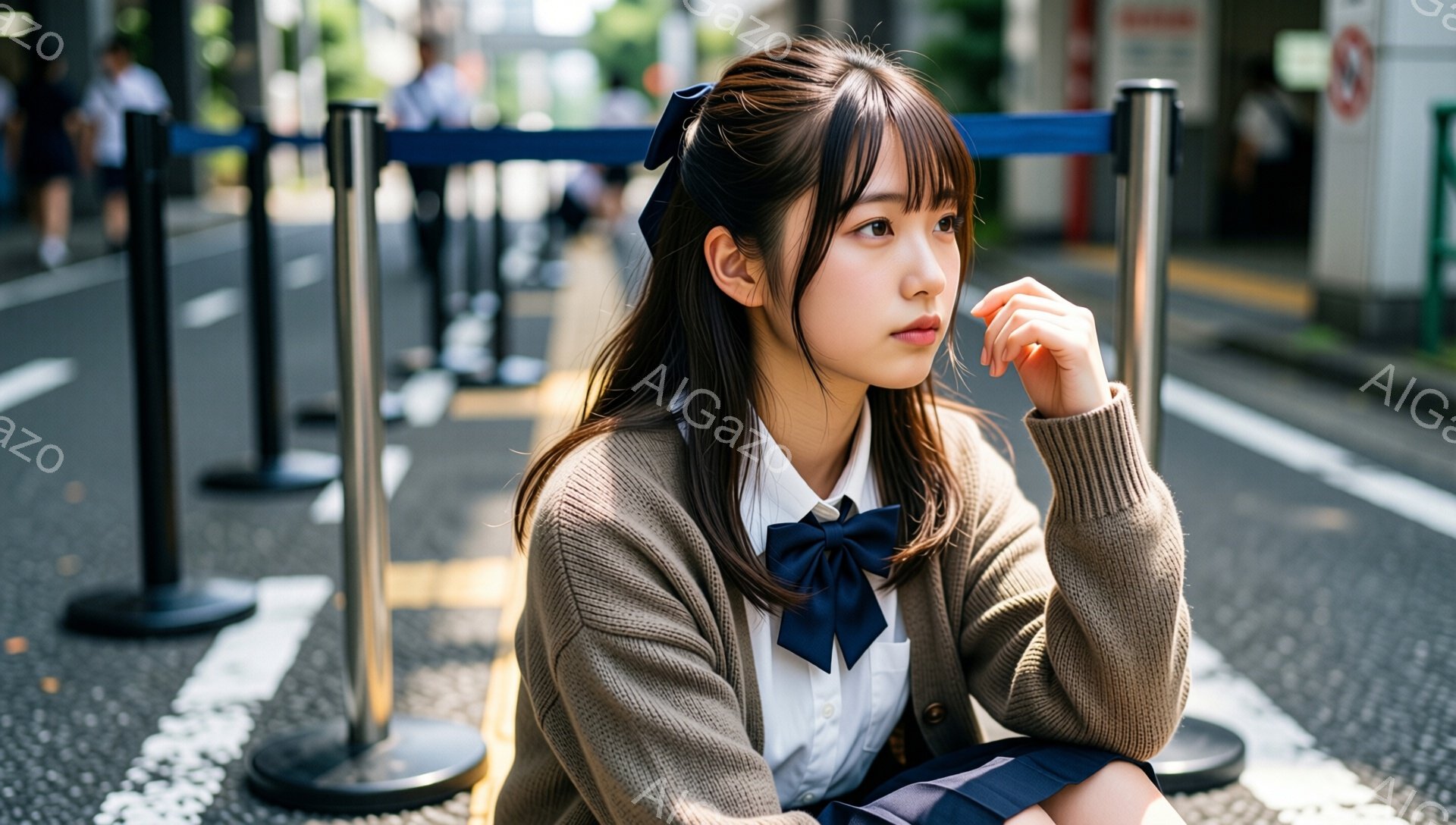 茶色のカーディガンに白いシャツとネクタイ、チェック柄のスカートを身に着けた若い女性が写っている。彼女は横を向いて考え込んでいるようで、顎に手を当てて少し憂いを帯びた表情をしている。背景には道路、歩道、そして青いガードレールが見え、晴れた日の都会の風景が広がっている。