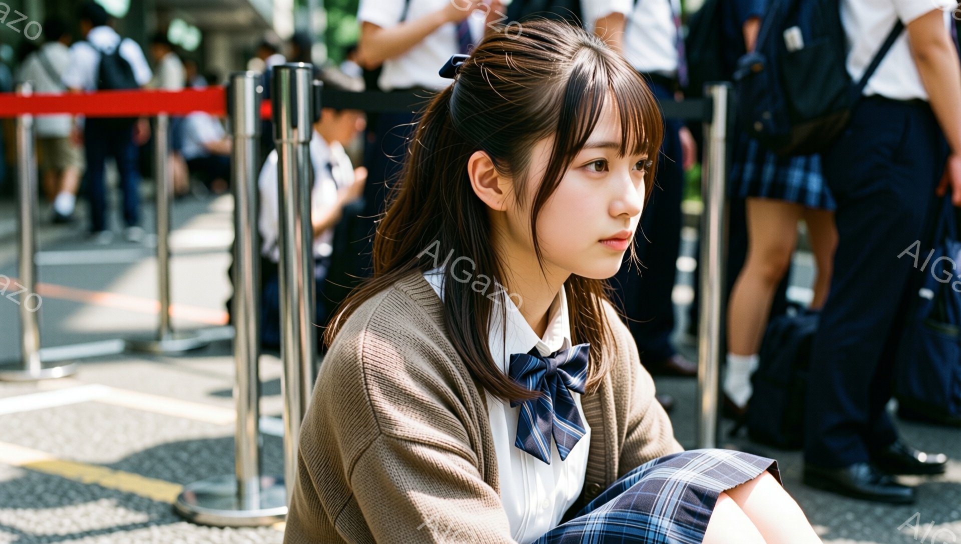 画像には、制服を着た若い女性が写っています。彼女はベージュ色のカーディガン、白いシャツ、ネイビーとチェックのスカートを着用し、髪をハーフアップにしています。彼女は少し物憂げな表情で、何か考え込んでいるような姿勢で座っています。