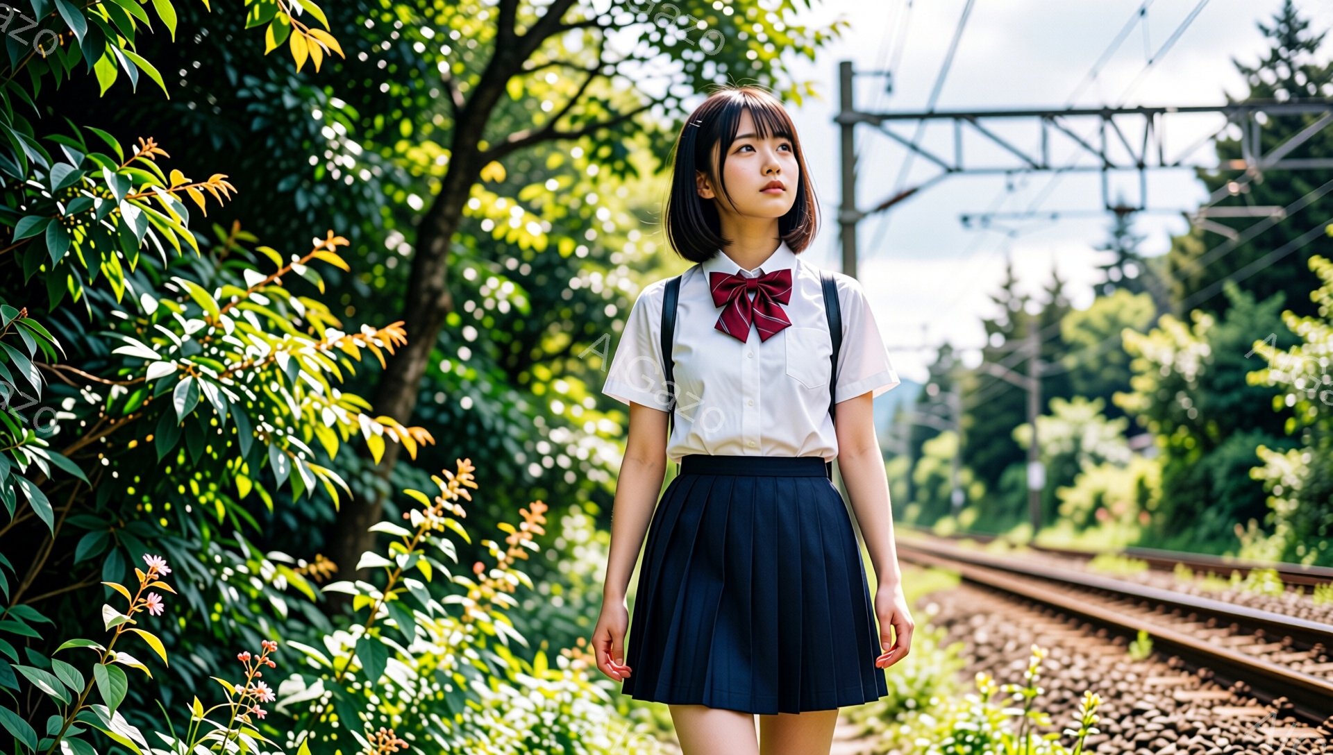 制服を着た若い女性が、線路脇の緑豊かな風景の中を歩いています。彼女は白いシャツにネイビーのプリーツスカート、赤いリボンという制服を着ており、黒髪のボブヘアに少し上向きに見上げる表情をしています。背景に - AI生成フリー素材