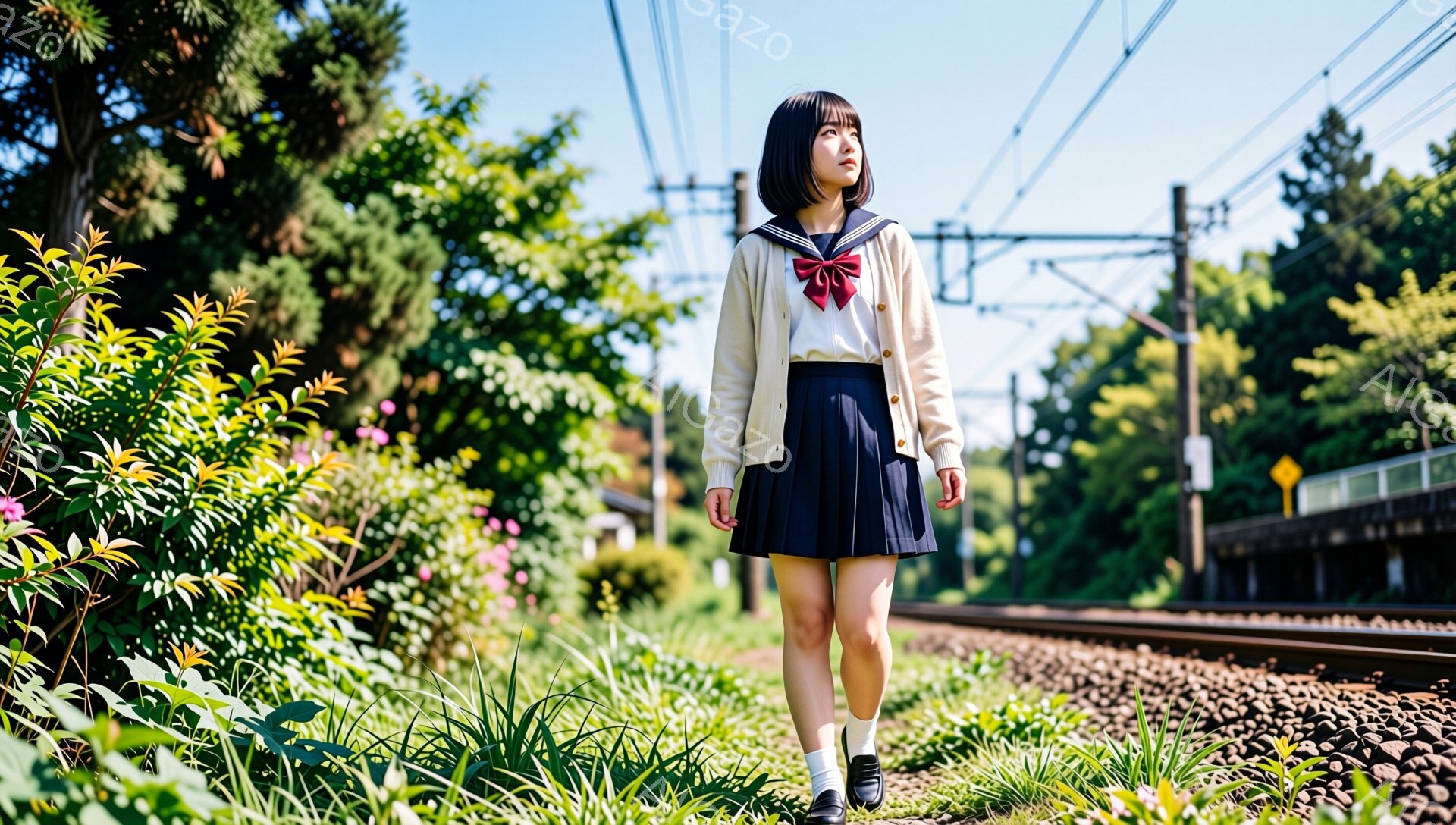 画像には、制服を着た若い女性が写っています。彼女はクリーム色のカーディガン、濃い青色のプリーツスカート、白いソックス、黒い靴を履き、首には赤いリボンを結んだネクタイをしています。彼女は線路沿いの緑豊かな草地に立ち、わずかに横を向き、遠くを見つめており、少し憂いのある表情をしています。