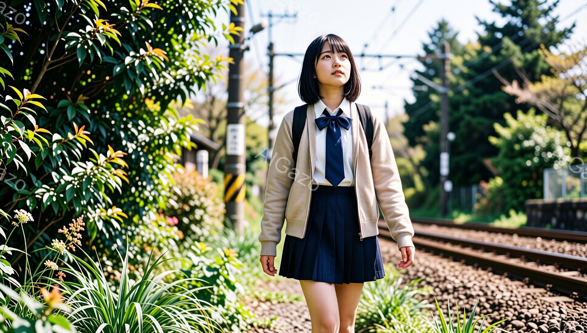 短い茶色の髪の女性が、制服を着て線路沿いを歩いている。彼女は白いシャツにネクタイ、茶色のカーディガン、紺色のプリーツスカートを着用しており、肩にリュックサックを背負っている。背景には緑豊かな植物と線路 - AI生成フリー素材