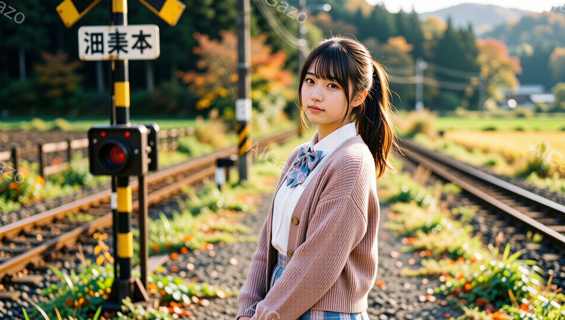 茶髪の少女が、鉄道の線路脇に立っている。彼女は紺色のカーディガンにチェックのスカート、そしてリボン付きのシャツを着ており、髪はポニーテールに結ばれている。背景には線路と緑豊かな風景が広がり、秋の穏やか - AI生成フリー素材