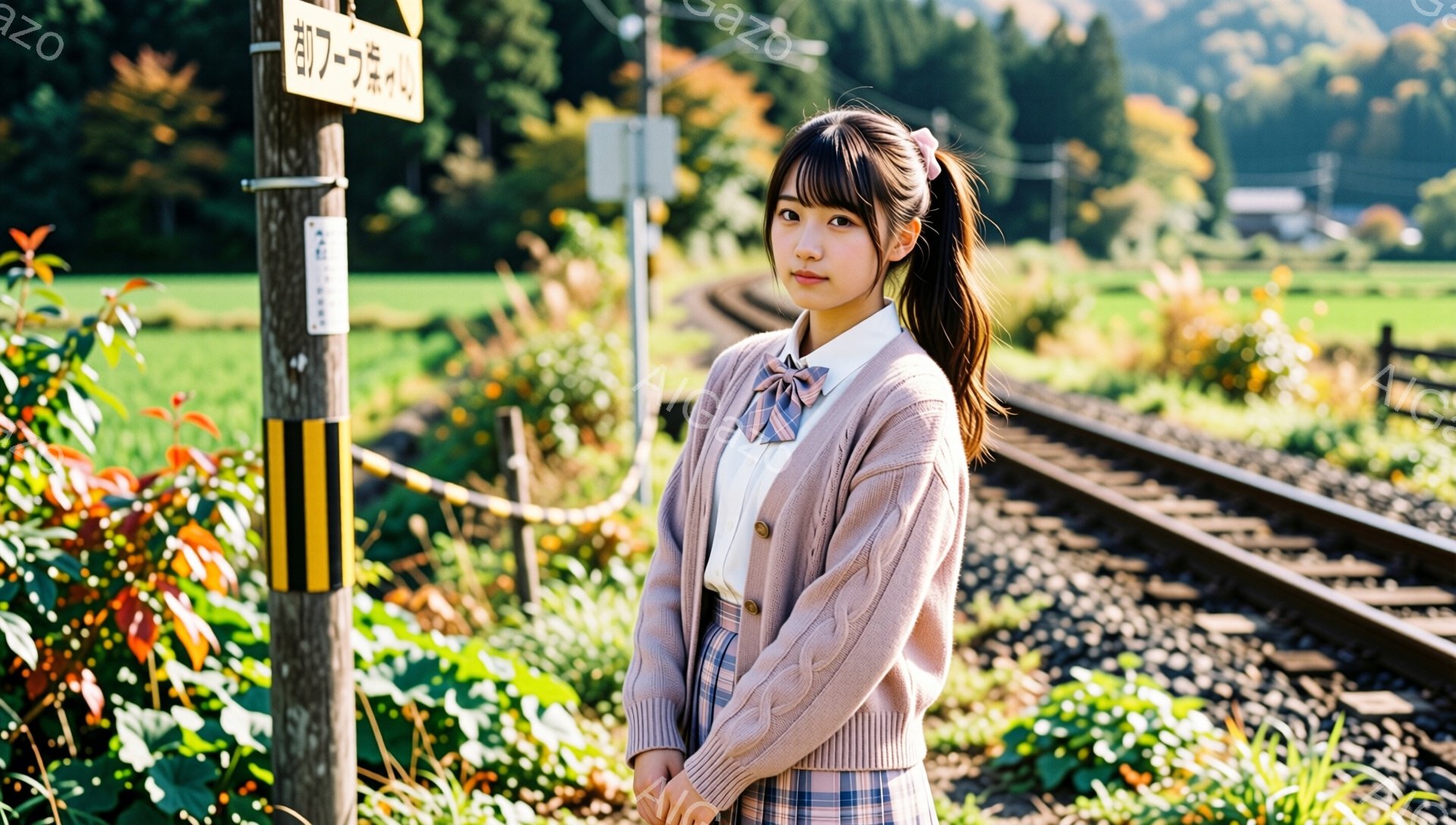 若い女性が、鉄道沿いの線路脇に立っている。彼女はチェック柄のスカート、白いシャツ、そしてケーブルニットのカーディガンを着ており、髪はポニーテールに結われている。背景には緑豊かな植物、線路、そして遠くに見える山々があり、晴れた秋の日の穏やかな雰囲気を醸し出している。