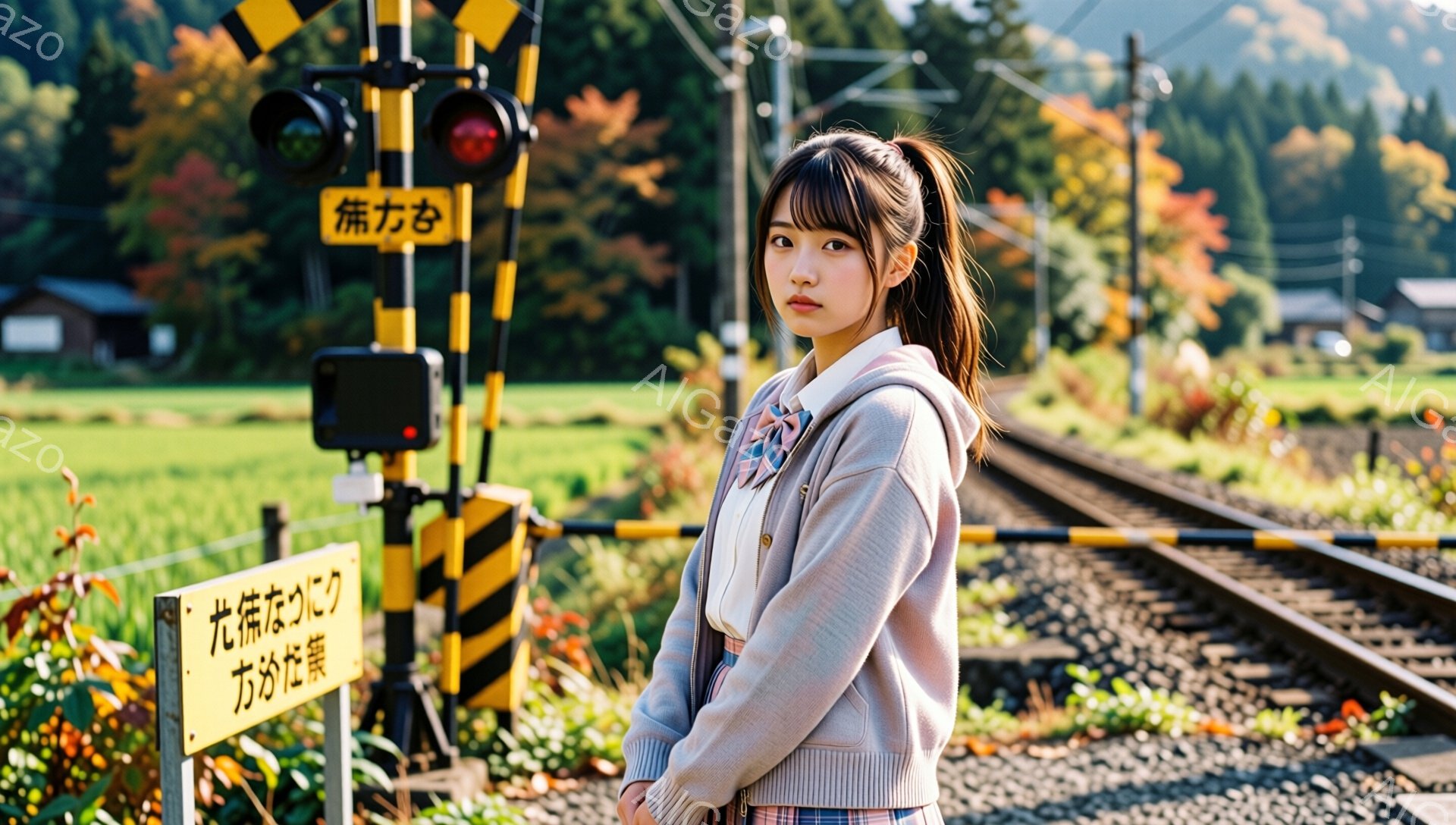 少女は制服を着て線路の横に立っています。彼女は明るい茶色の髪をポニーテールにし、少し不安そうな表情をしています。背景には緑の田んぼ、茶色の山々、そして鉄道の信号機が見え、秋の穏やかな一日を描写しています。