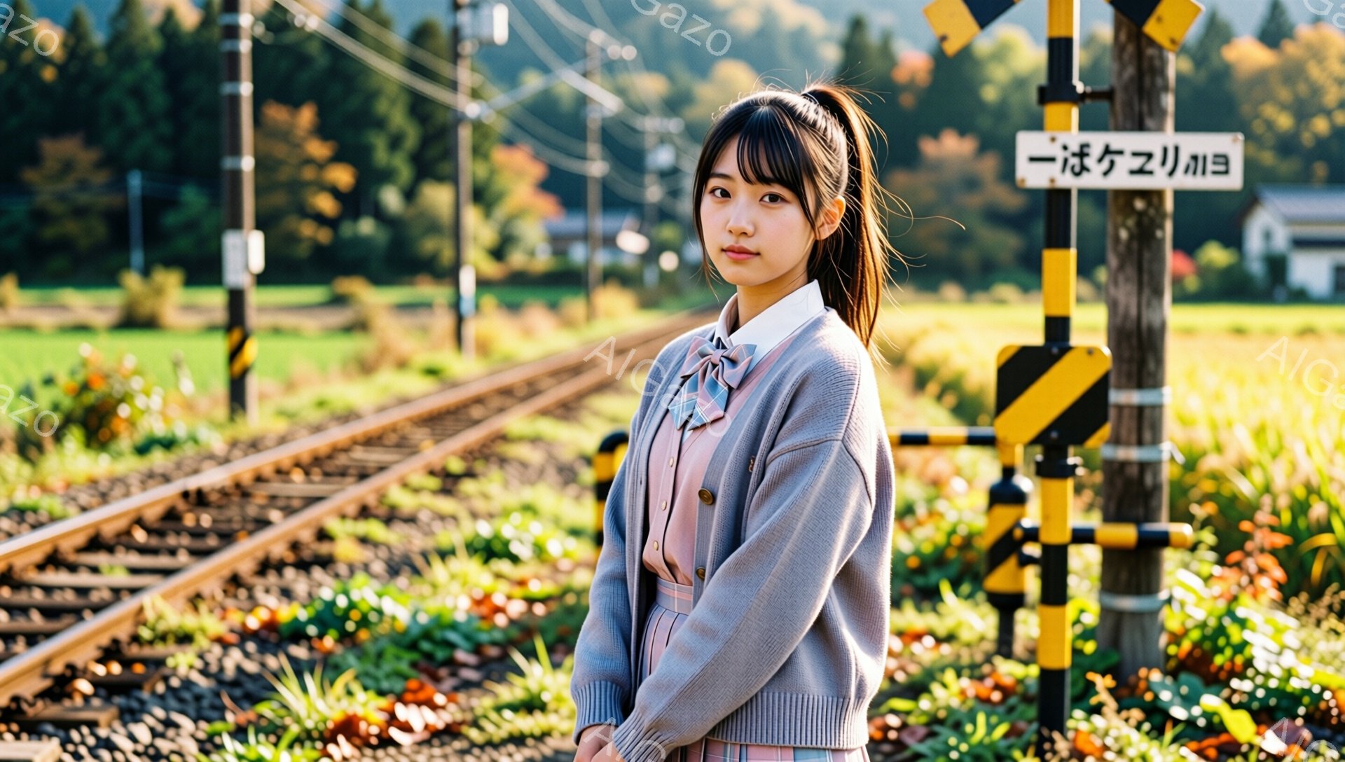 画像には、茶色の髪をハーフアップにした若い女性が、グレーのカーディガンとチェックのスカート、白いシャツ姿で立っています。彼女は少し憂いを帯びた表情で、カメラの方を見ています。背景には、線路と色づき始めた植物、そして遠くに見える建物があり、秋の落ち着いた雰囲気が漂っています。