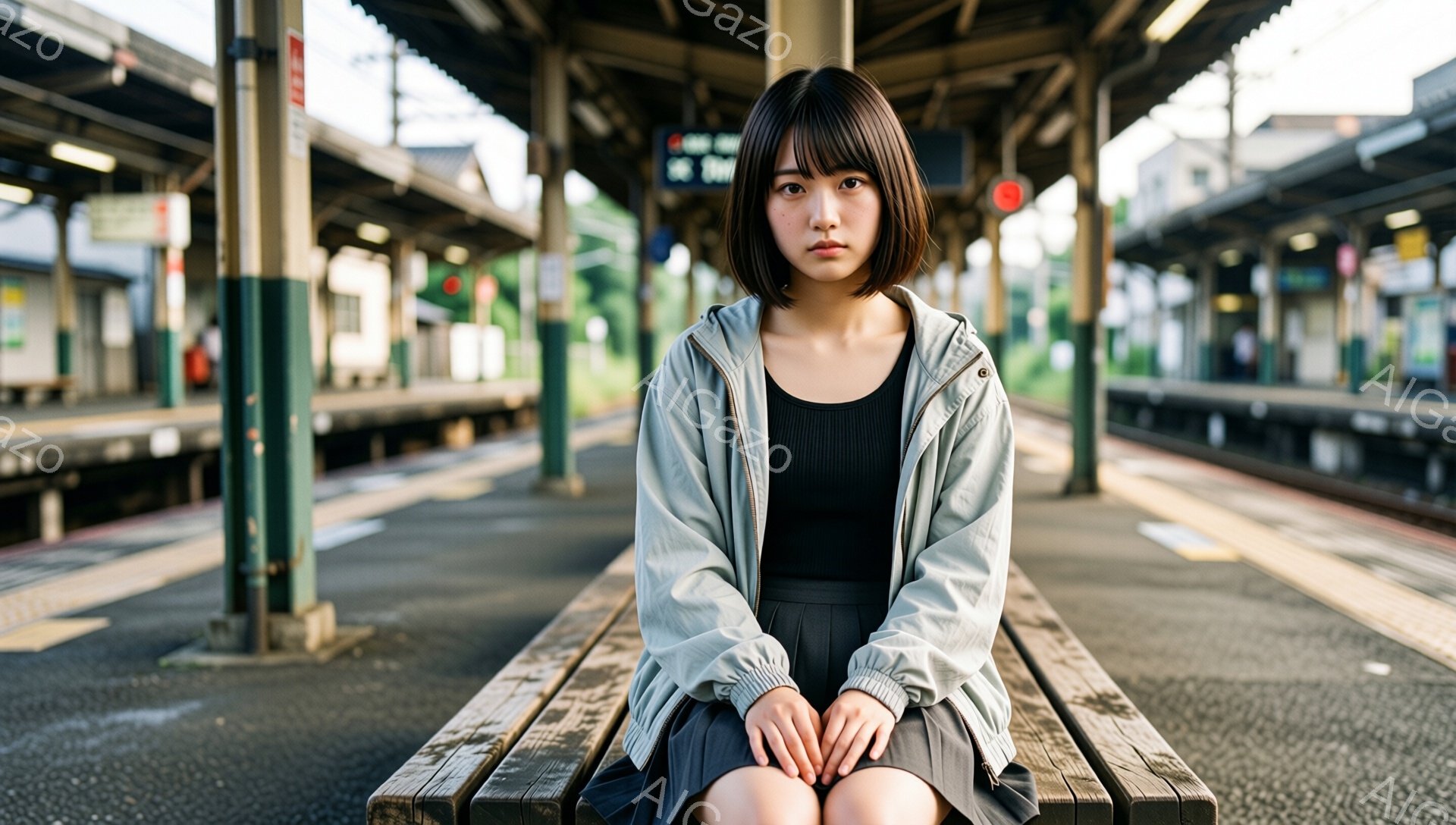 短い黒髪の女性が、駅のベンチに座って膝を抱えています。黒いタンクトップに、プリーツスカートと薄い灰色のウィンドブレーカーを着ています。背景には駅のプラットフォームと線路、そしてぼやけた建物や木々が見え、少し憂鬱な雰囲気が漂っています。