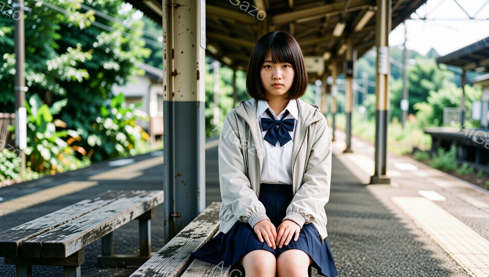 制服を着た若い女性が、駅のベンチに座って、少し憂鬱そうな表情を浮かべている。紺色のスカートに白いシャツ、そして薄い灰色のジャケットを羽織り、髪は短く前髪を伸ばしたスタイルだ。背景には緑豊かな自然と古い駅舎が見え、少し曇り空の昼下がりの静かな雰囲気が漂っている。