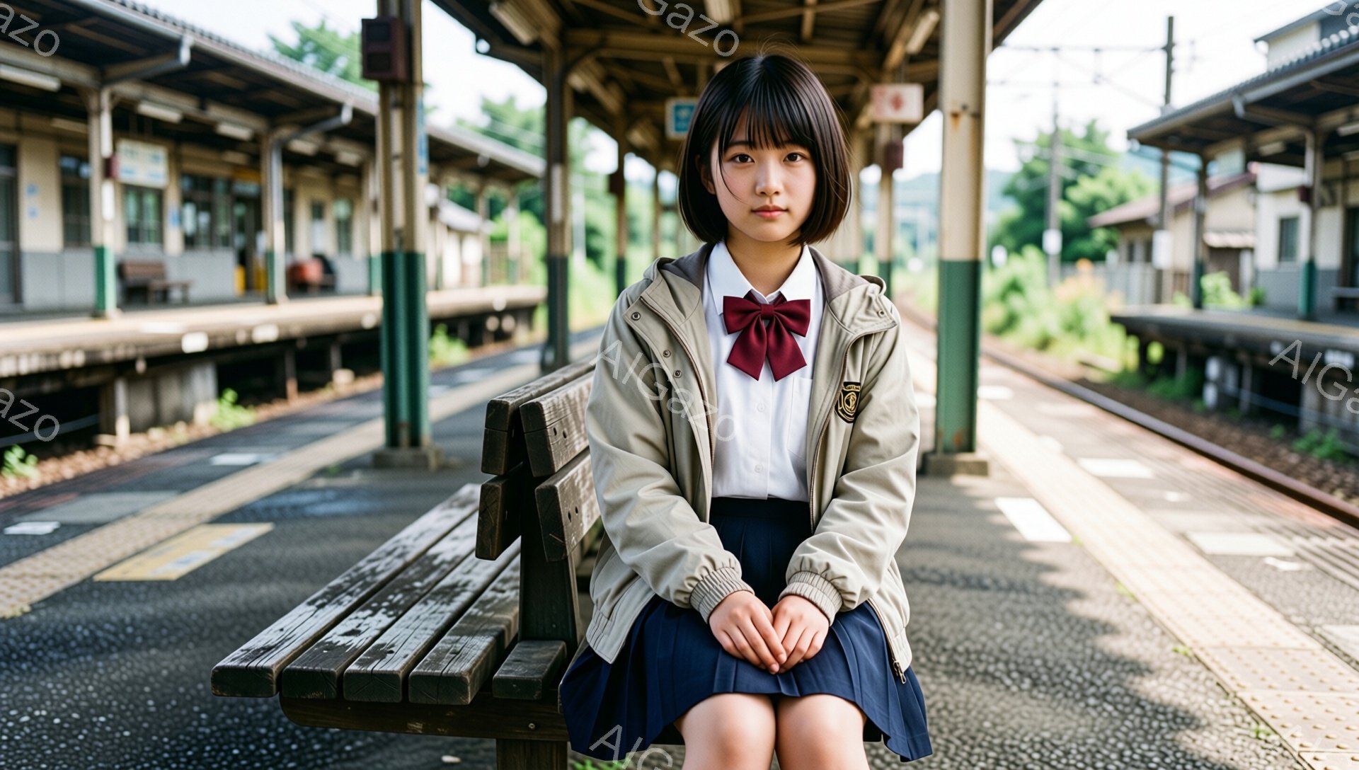 制服を着た若い女性が、線路の横にある木製のベンチに座っています。彼女はベージュ色のジャケット、白いシャツ、赤いリボン、青いスカートを着用し、黒髪を短くカットしています。背景にはプラットフォーム、線路、そして緑豊かな植物が見え、穏やかで少し寂しげな雰囲気が漂っています。