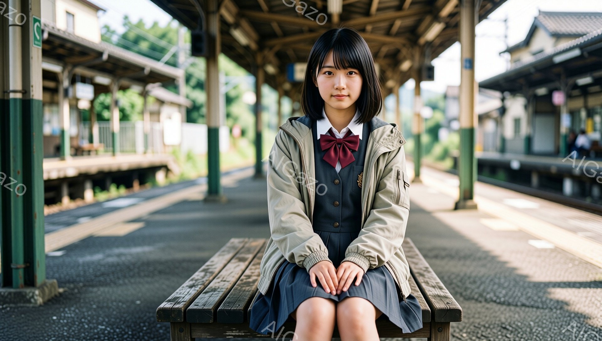 茶髪の短いヘアスタイルの少女が、鉄道の駅のベンチに座っています。紺色のスカートとグレーのセーター、そしてベージュ色のジャケットを着用し、赤いリボンがアクセントになっています。背景には、線路とホーム、そ - AI生成フリー素材
