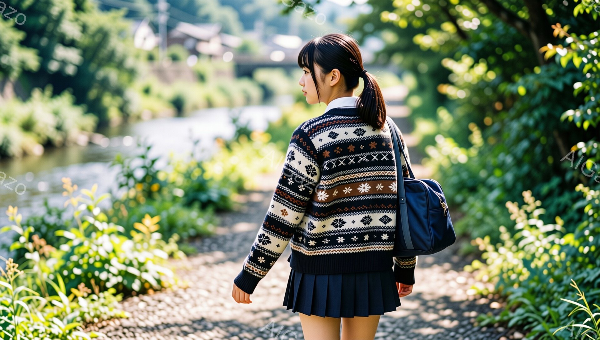 明るい日差しの下、紺色のプリーツスカートと伝統的な模様のセーターを着た若い女性が写っている。彼女は後ろ姿で、髪は後ろで一つにまとめられている。背景には緑豊かな植物と川が流れ、穏やかで平和な雰囲気を醸し - AI生成フリー素材