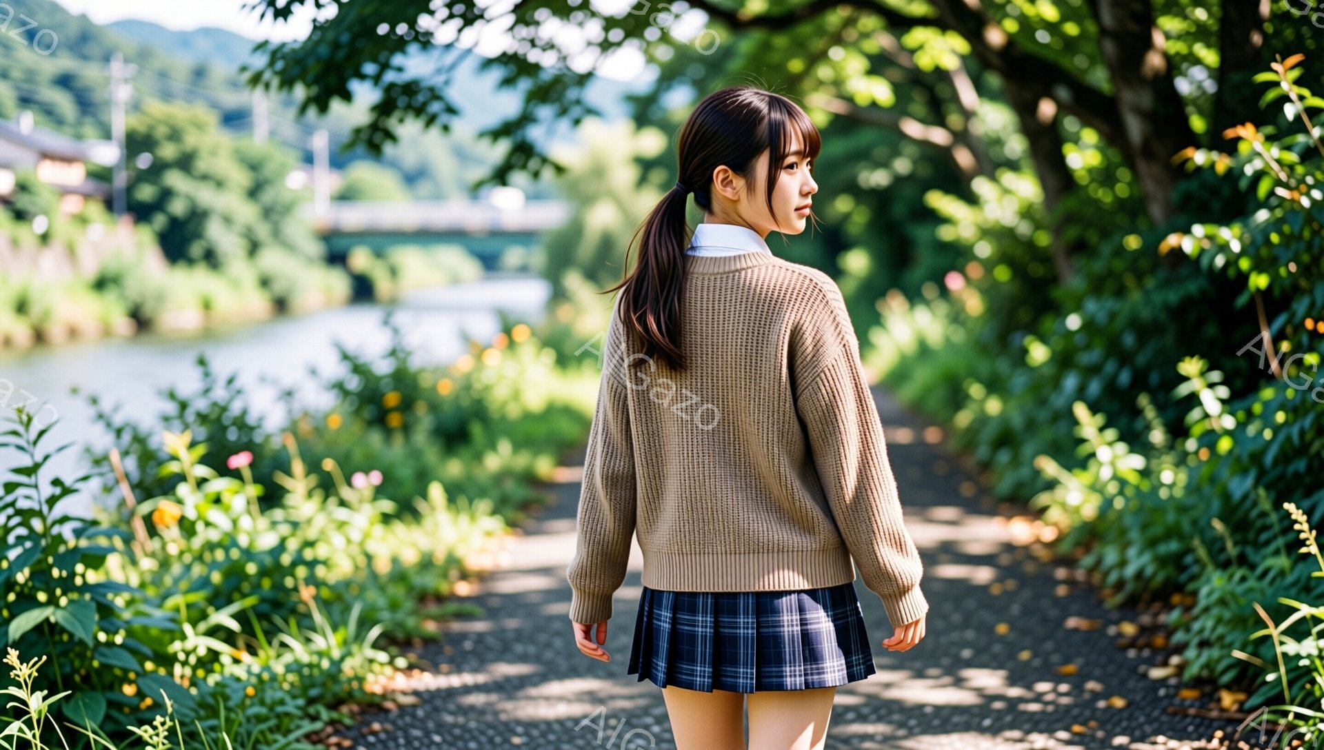 明るい日差しの中、茶色のカーディガンとチェック柄のスカートを着た若い女性が、小道の中央を歩いている。彼女は髪を後ろでポニーテールにまとめ、後ろ姿はどこか物憂げで、自然に囲まれた静かな環境がそれを引き立てている。道の両側には緑豊かな植物が生い茂り、奥には川と建物が見え、穏やかで平和な雰囲気を醸し出している。
