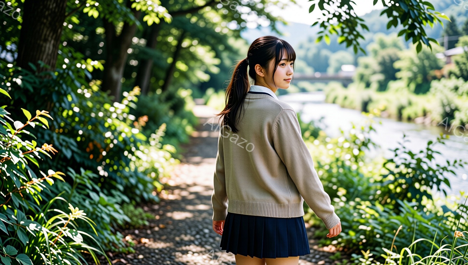 若い女性がベージュのカーディガンと紺色のプリーツスカートを着て、小道の中を歩いています。彼女は黒髪をポニーテールにし、後ろ姿を見せています。背景には緑豊かな木々や川が広がり、晴れた日の穏やかな雰囲気が - AI生成フリー素材