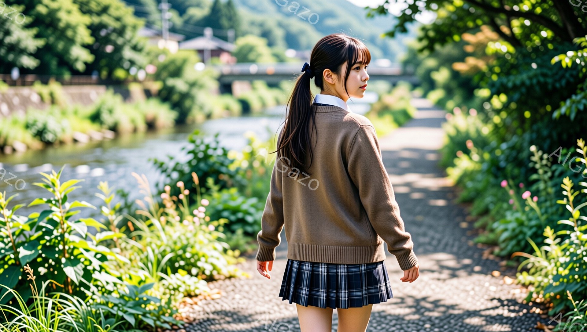 長い黒髪をポニーテールにした少女が、チェック柄のスカートと茶色のカーディガンを着て、川沿いの道で立っている。彼女は後ろを振り返るように見え、表情はやや憂いを帯びている。背景には緑豊かな植物と川、そして遠くに建物が見え、穏やかで少し寂しげな雰囲気を醸し出している。