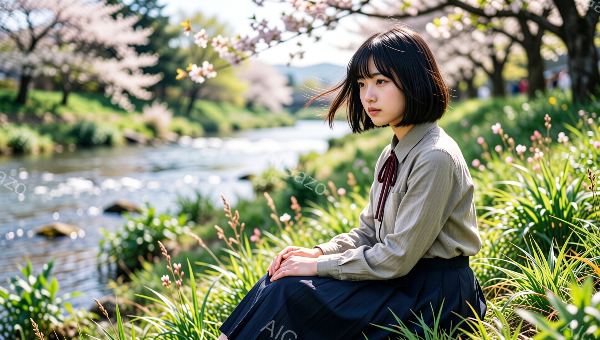 ショートカットの黒髪の女性が、薄緑色のシャツと黒いプリーツスカートを着用し、草むらの中に座っています。彼女は少し憂いを帯びた表情で、遠くを見つめています。背景には、桜の木々と、穏やかに流れる川が見え、 - AI生成フリー素材