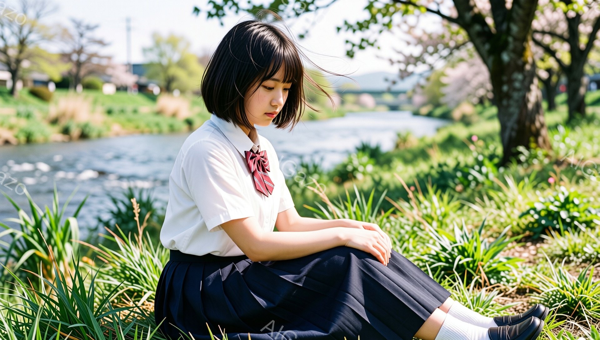 短い黒髪の少女が、制服姿で草むらに座っている。紺色のスカートと白いブラウス、赤いネクタイが特徴的で、少しうつむき加減な表情をしている。背景には川と緑豊かな自然が広がり、春の穏やかな日差しが降り注いでい - AI生成フリー素材