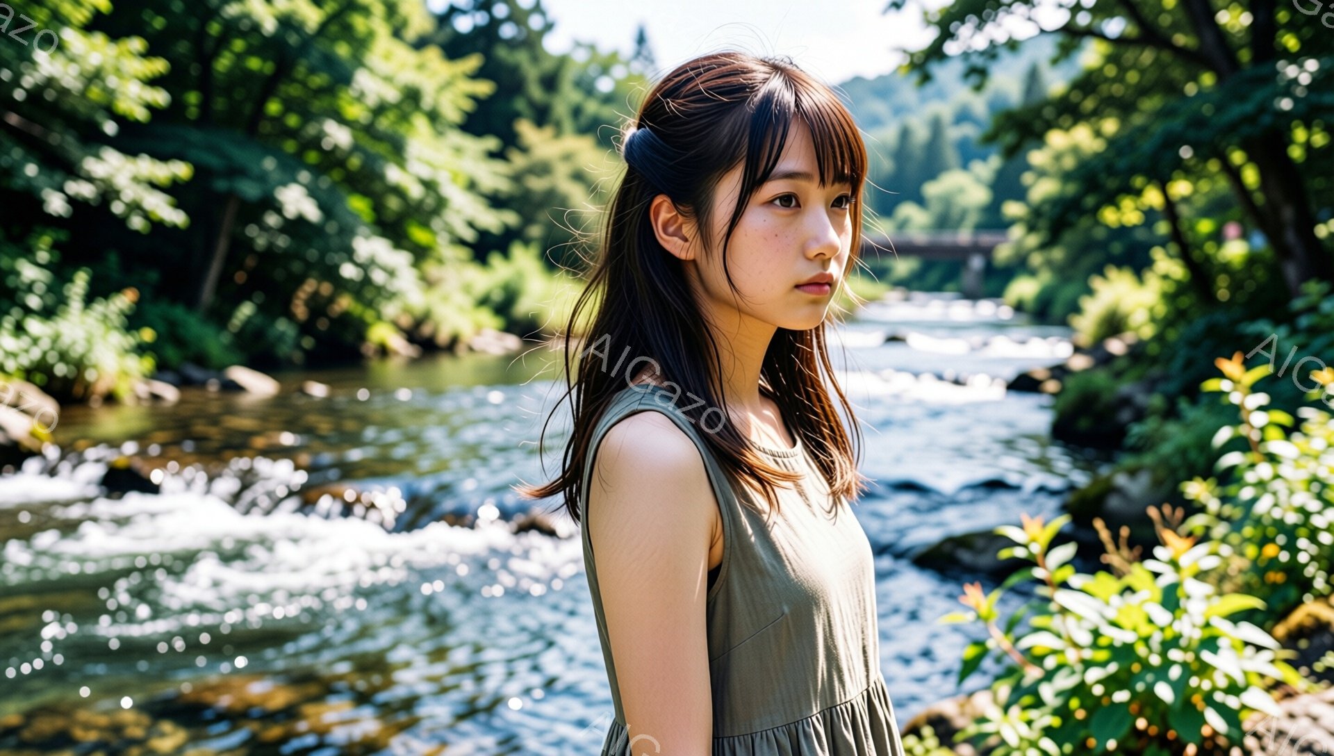 若い女性が、緑豊かな自然の中に立っている。彼女はオリーブ色のゆったりとしたワンピースを着ており、前髪を少し分けてサイドに流したロングヘアだ。背景には、流れの速い川と緑の木々が見え、穏やかで自然な雰囲気を醸し出している。