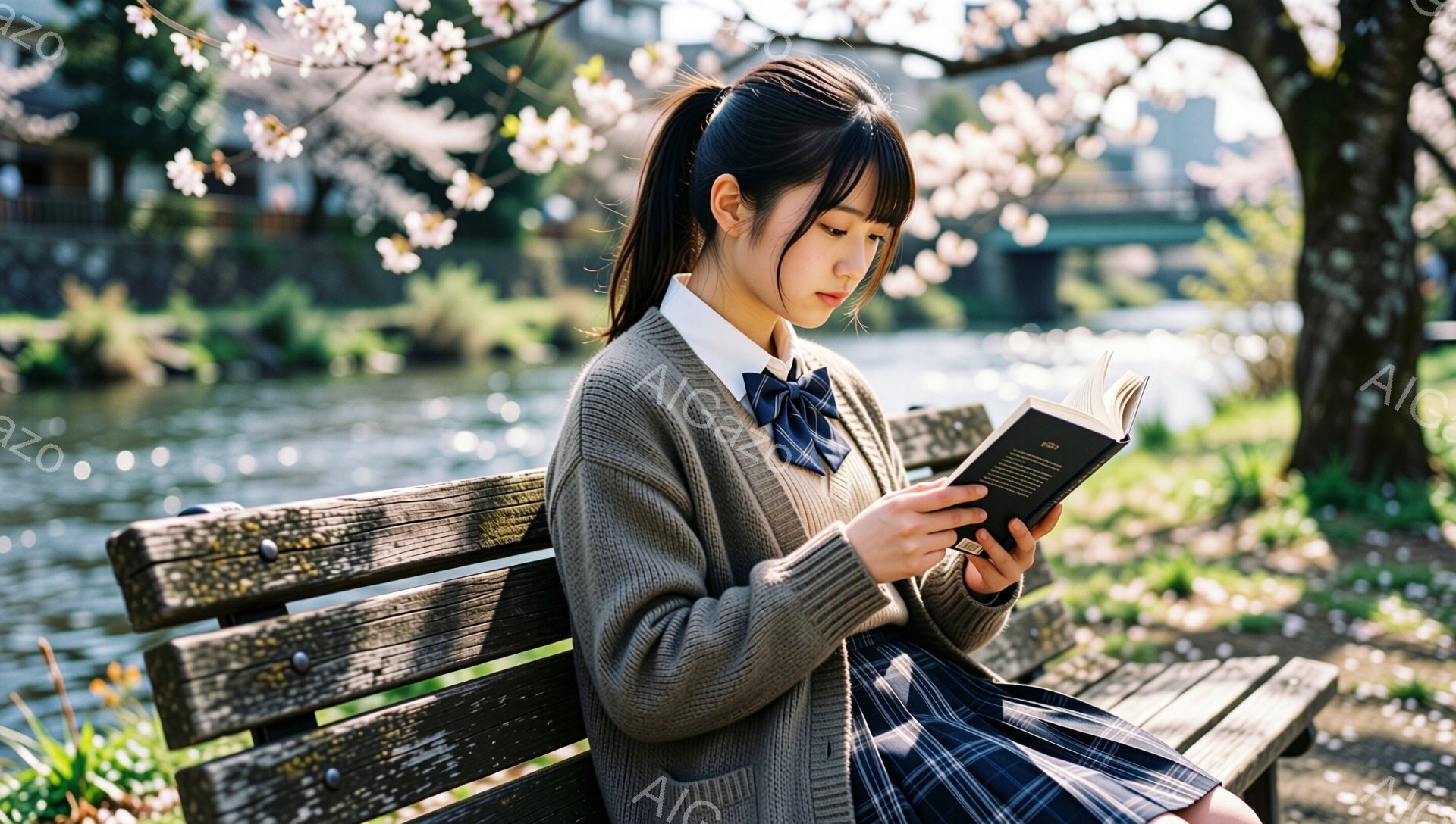 茶色のカーディガン、チェックのスカート、そしてネクタイを締めた若い女性が、公園のベンチに座って本を読んでいます。彼女は黒髪をポニーテールにし、穏やかな表情で読書に集中しています。背景には桜の木と水辺が見え、春の穏やかな日差しが降り注ぐ、平和でリラックスした雰囲気です。