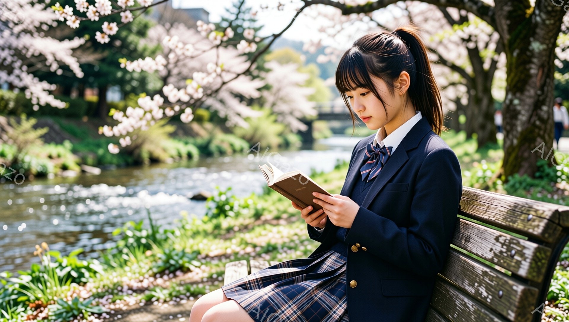 桜並木の下の木製ベンチに、制服を着た女子高生が座って本を読んでいる。彼女はダークブラウンのロングヘアをポニーテールにし、少しうつむき加減で真剣な表情で読書に集中している。背景には穏やかな川の流れと、満開の桜が咲き乱れる美しい風景が広がっている。