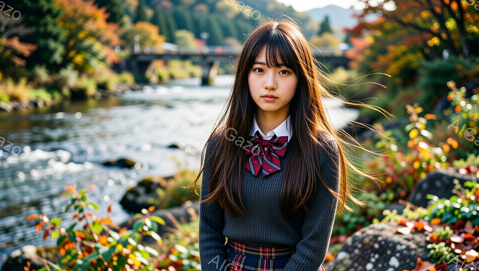 長い茶色の髪をセンターパートにした若い女性が、グレーのセーターとチェック柄のスカート、赤いリボンを締めて立っています。彼女はまっすぐ前を見て、少し憂いを帯びた表情をしています。背景には、川、岩、そして - AI生成フリー素材