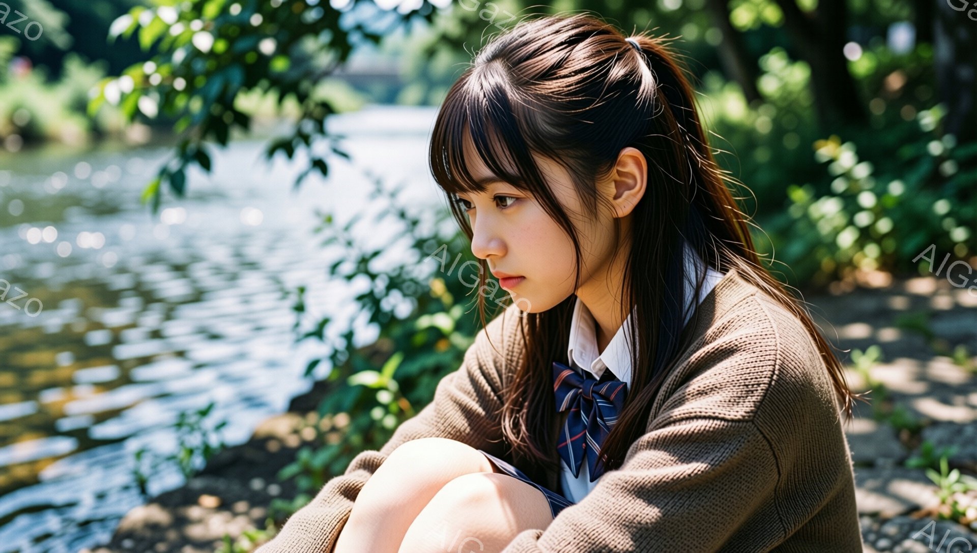 若い女性が、膝を抱えて川沿いに座っています。彼女は茶色のカーディガンにチェックのネクタイと白いシャツを着ており、黒髪を肩まで伸ばしています。背景には緑豊かな木々や水面が見え、穏やかで少し寂しげな雰囲気が漂っています。