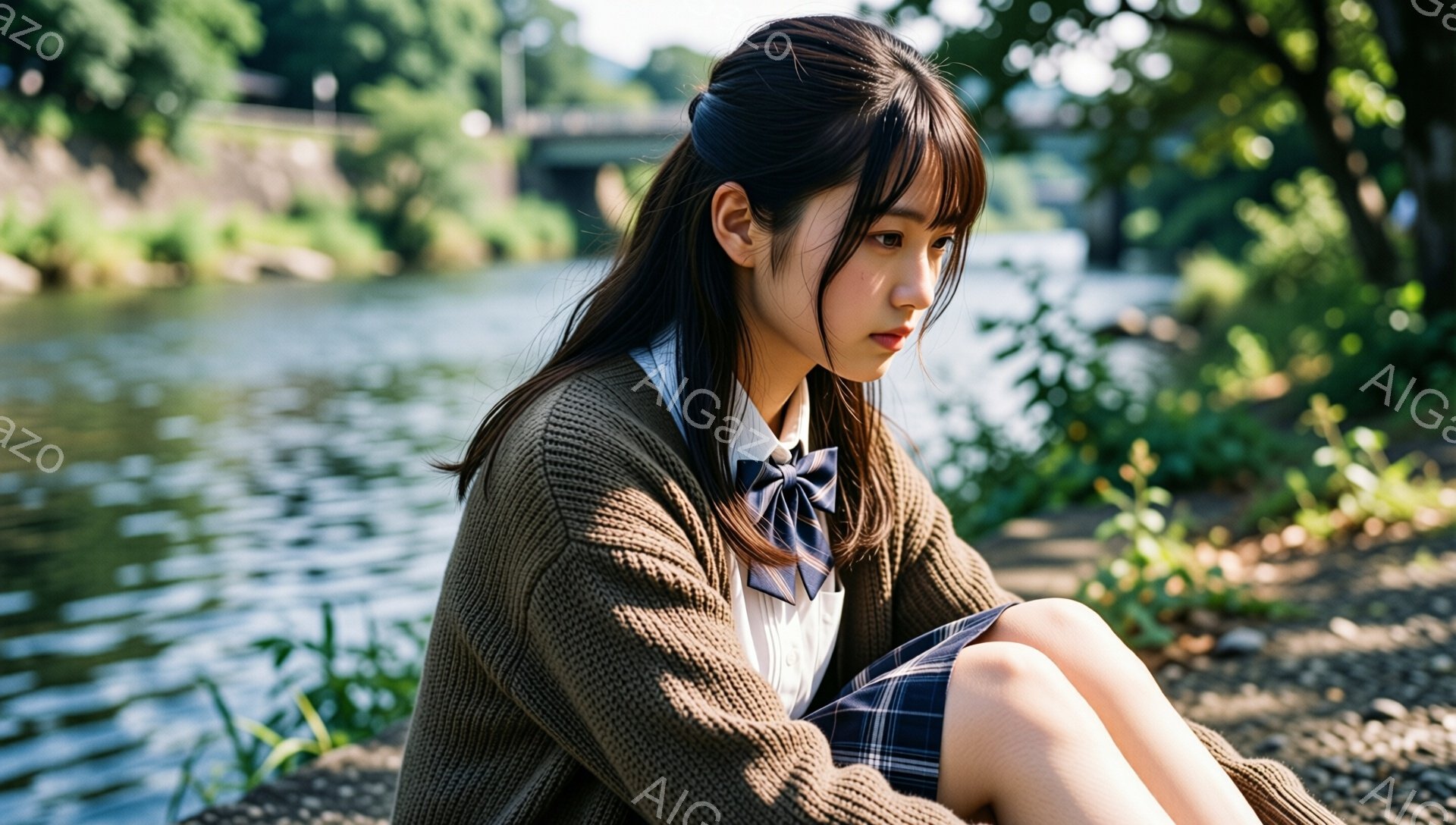少女はチェック柄のスカートと白いシャツに、茶色のカーディガンを着て、膝を抱えて座っています。彼女は少し憂いを帯びた表情で、横を向いて何か考えているようです。背景には川と緑豊かな植物があり、穏やかな日差しが差し込んでいます。