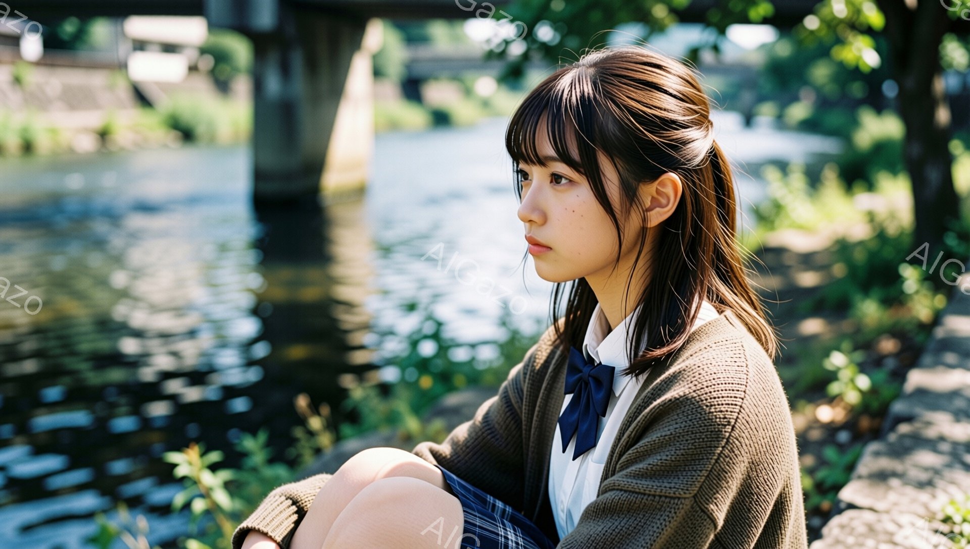 若い女性が石段に座り、少し物憂げな表情で遠くを見つめている。彼女は茶色のカーディガン、白いシャツに青いリボン、チェック柄のスカートを着用し、髪は肩にかかる長さで前髪が目にかかっている。背景には川と緑豊かな植物が見え、橋のアーチがぼんやりと見える穏やかな日差しが差し込み、全体的に静かで内省的な雰囲気を醸し出している。
