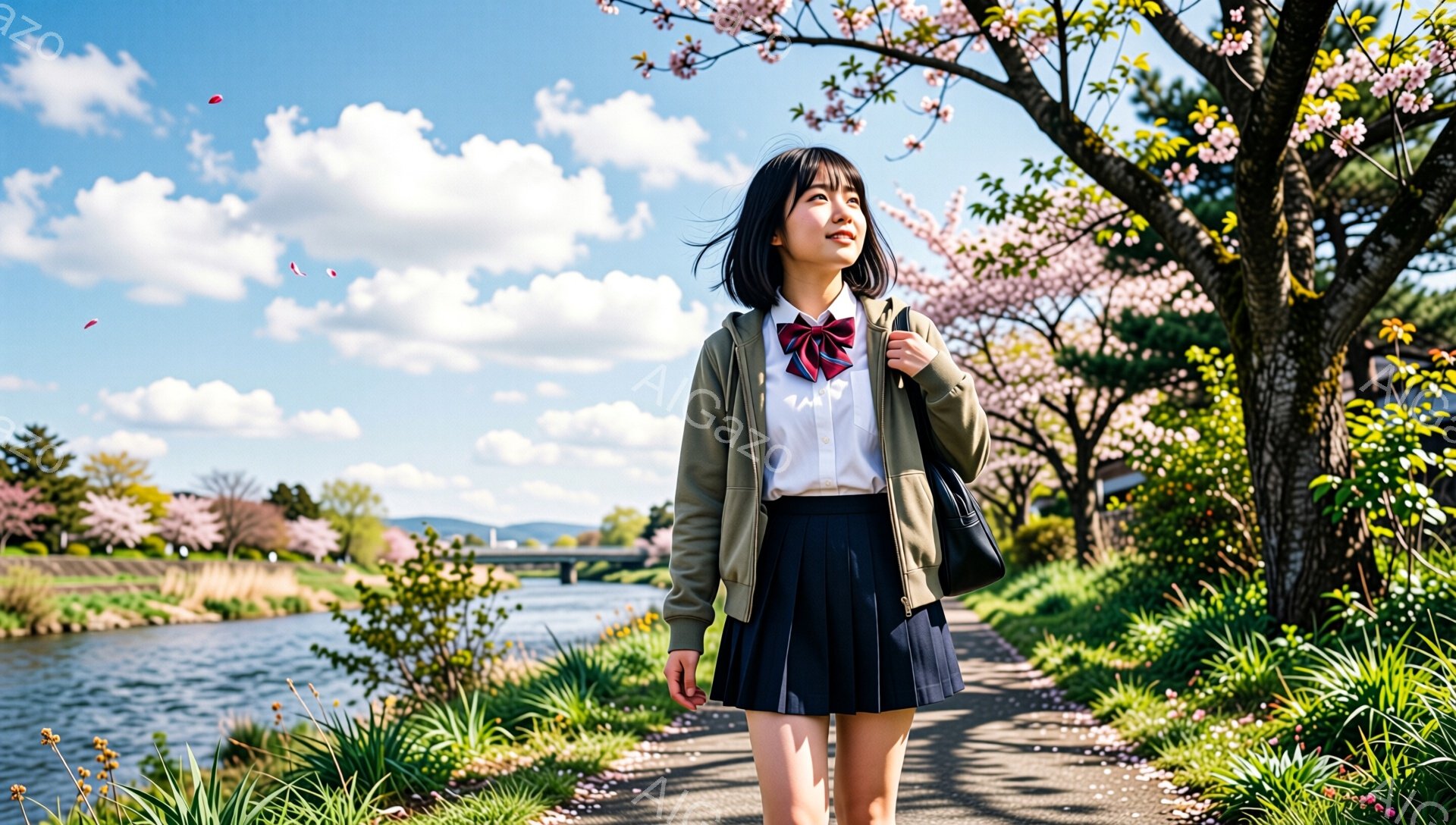 桜並木の中を、制服を着た若い女性が歩いている。彼女は白いシャツにネイビーのスカート、カーディガンを羽織り、赤いリボンを首に巻いている。空は青く、桜の花びらが舞い散り、春の穏やかな雰囲気が漂っている。 - AI生成フリー素材