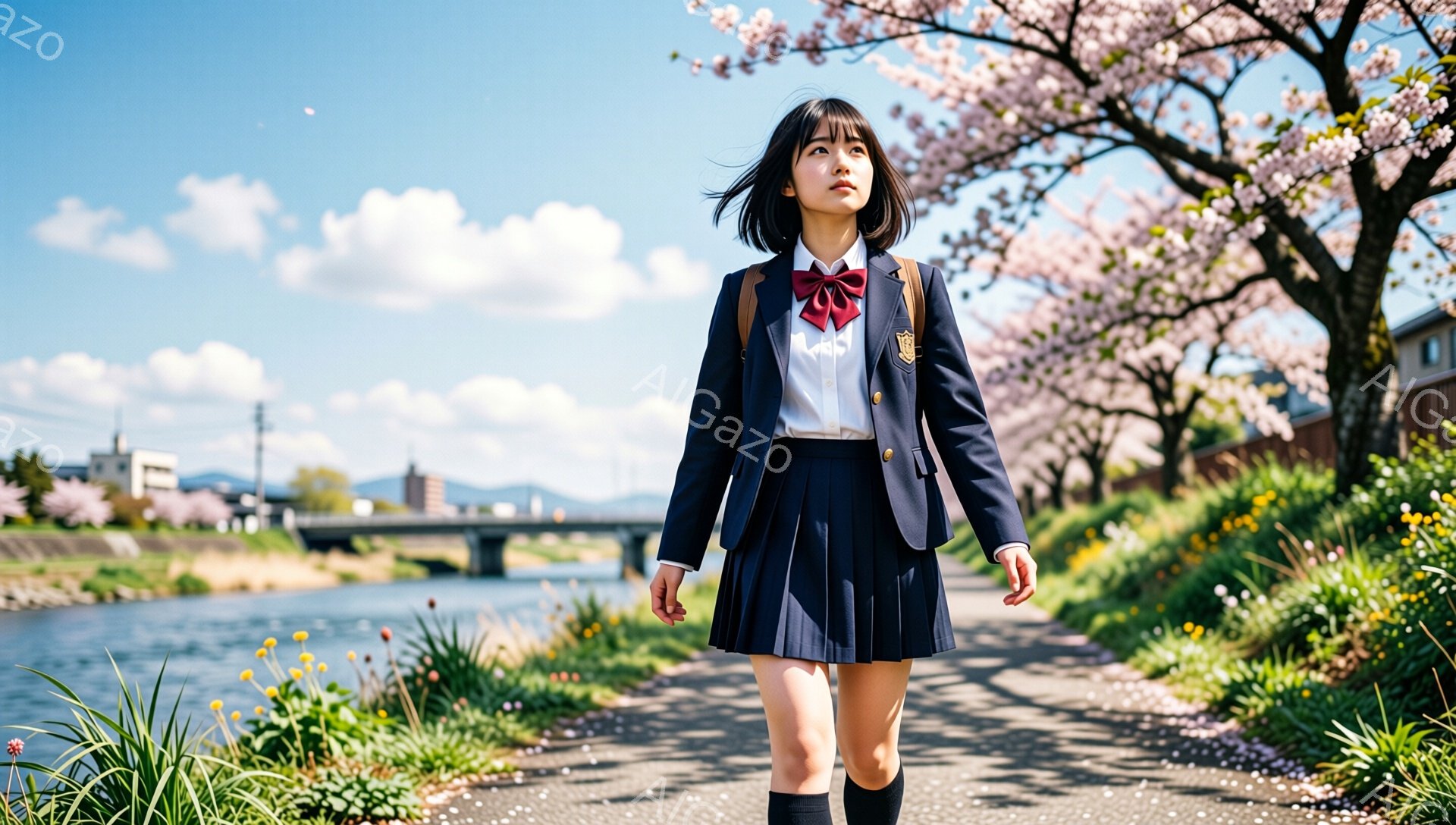 制服を着た女子高生が、桜並木が続く道を進んでいる。彼女は黒髪のロングボブで、少し微笑んでいる。背景には川、橋、そして遠くに見える建物があり、春の穏やかな晴天が広がっている。 - AI生成フリー素材