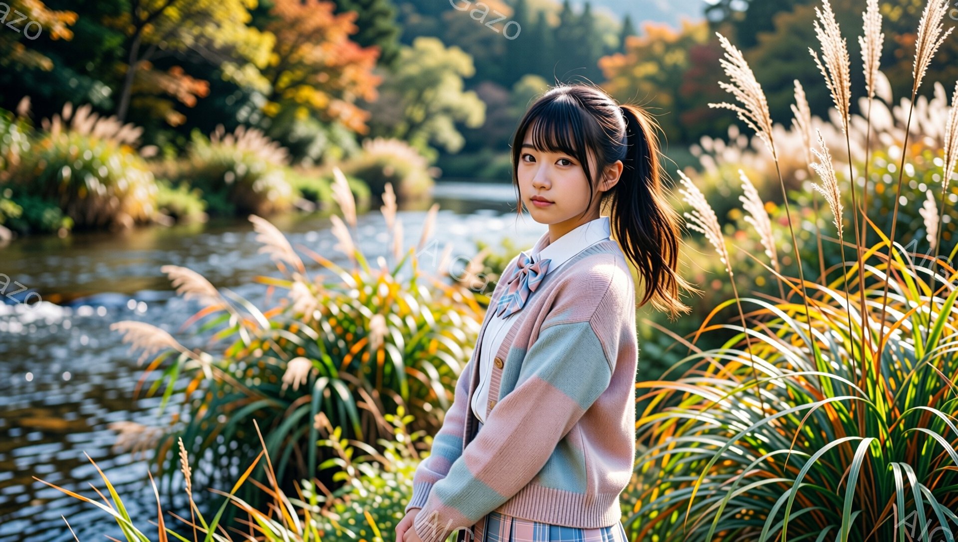 明るい日差しの中で、制服を着た若い女性が立っている。彼女はピンクと水色のブロック柄のカーディガン、白いシャツ、チェック柄のスカートを着用し、茶色の長い髪をポニーテールにしている。背景には穏やかな湖と、秋色の草が生い茂る風景が広がっており、全体的に柔らかく穏やかな雰囲気を醸し出している。