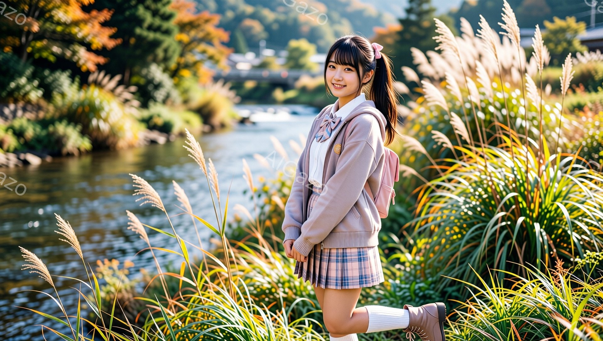 明るい笑顔の少女が、ピンク色のセーターとチェック柄のスカート、膝丈の靴下を履いて立っています。彼女はポニーテールで髪を結い、リュックサックを背負っています。背景には澄んだ川と、ススキの穂、そして秋の紅葉した木々が見え、晴れた日の穏やかな雰囲気を醸し出しています。