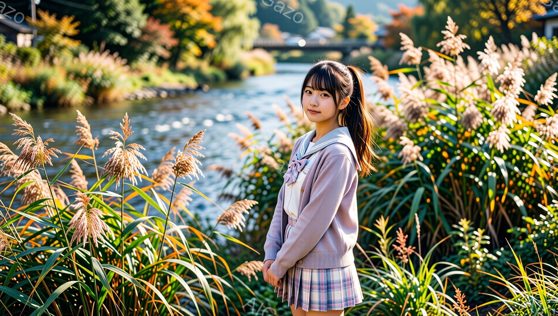 若い女性が、淡い紫色のカーディガンとチェック柄のスカート、白いブラウス姿で立っている。彼女は髪をポニーテールにし、少し微笑んでカメラを見ている。背景には、背の高いススキの原と、水面を反射する穏やかな川、そして遠くの建物が見え、秋の穏やかな陽気に包まれた風景が広がっている。