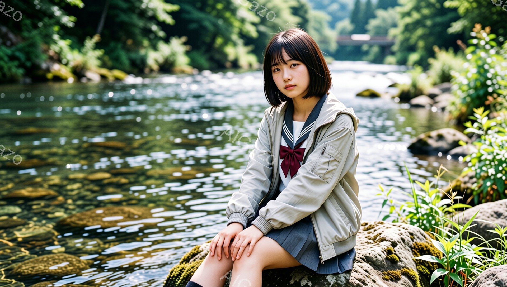 若い女性が岩の上に座っており、制服の上着とチェックのスカートを身に着けている。彼女はダークブラウンのボブヘアで、少し憂いのある表情でこちらを見ている。背景には水面が輝く川と緑豊かな森林が広がり、晴れた日の穏やかな雰囲気を醸し出している。