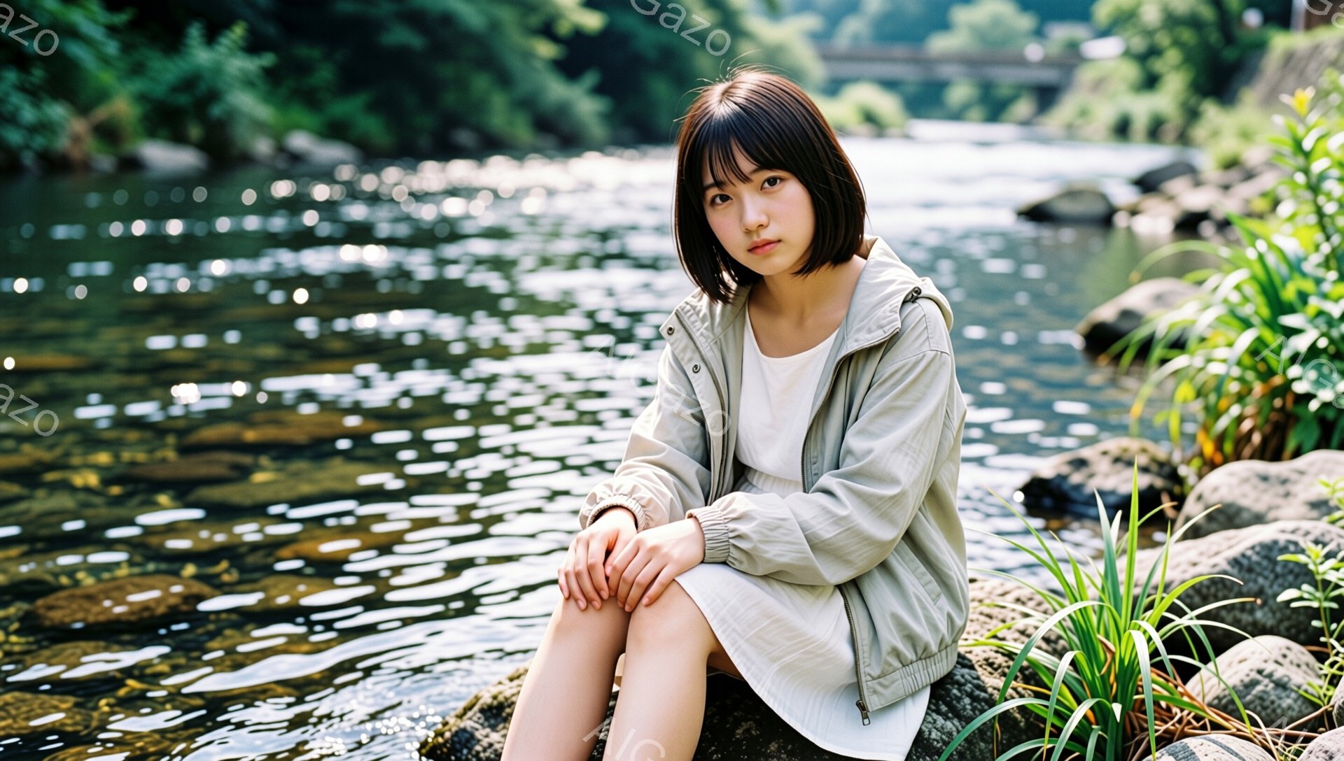 短い黒髪の女性が、岩の上に座って膝を抱えています。ベージュ色のウィンドブレーカーと白いインナーを着ており、少し物憂げな表情をしています。背景には、水面がキラキラと輝く川と緑豊かな自然があり、穏やかで静かな雰囲気が漂っています。