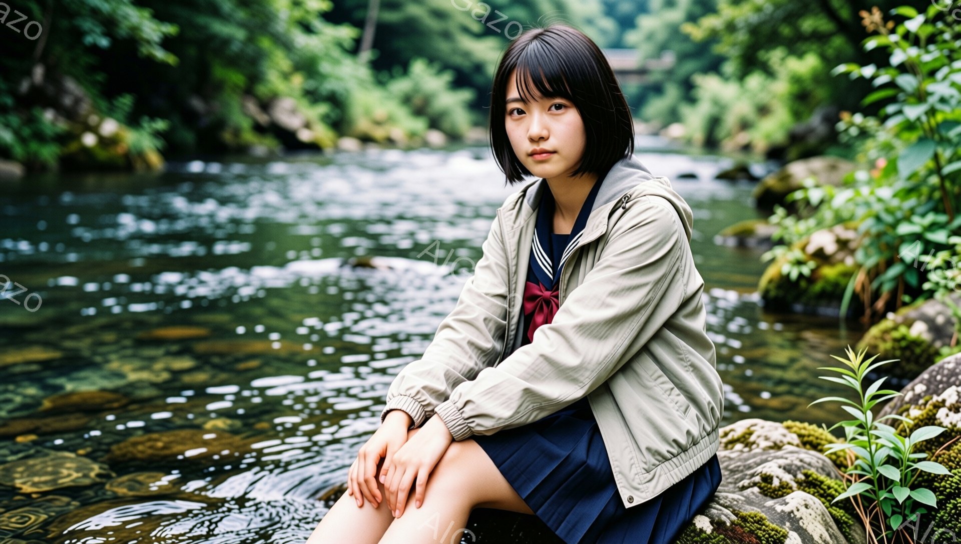 ショートカットの少女が、水辺の岩の上に座ってこちらを見ている。制服の上着と紺色のプリーツスカートを身に着け、少し憂いを帯びた表情をしている。背景は緑豊かな自然で、水面がキラキラと輝き、穏やかで静かな雰囲気を醸し出している。