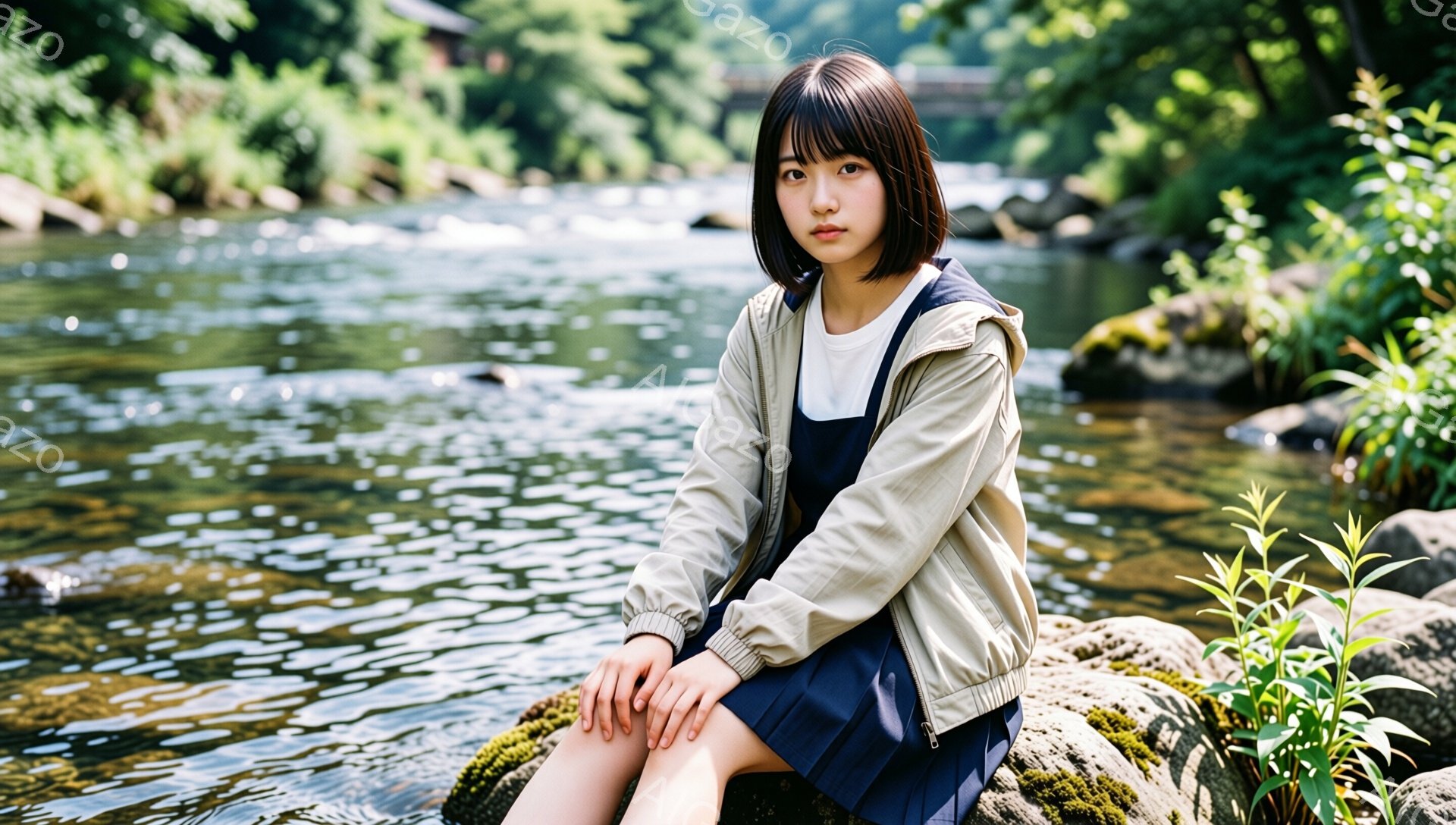 若い女性が岩の上に座っており、膝を揃えて少し内側に曲げています。ベージュ色のウィンドブレーカーと濃い青色のスカートを着ており、黒髪のストレートな前髪と肩までの長さの髪型です。背景には緑豊かな木々と水面が輝く川が流れ、晴れた日の穏やかな自然の中でリラックスした雰囲気を醸し出しています。