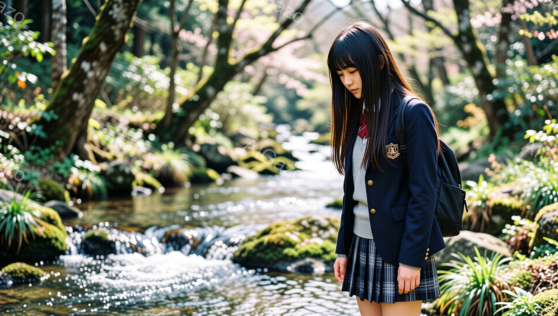 長い黒髪をセンターパートにした女子学生が、紺色のブレザー、グレーのセーター、チェックのプリーツスカートという制服を着て立っている。彼女は俯き加減で、何か考え込んでいるような表情を浮かべており、肩に黒いリュックサックを背負っている。背景には緑豊かな植物と小川の流れる風景が広がり、春の穏やかな日差しが差し込んでいる。