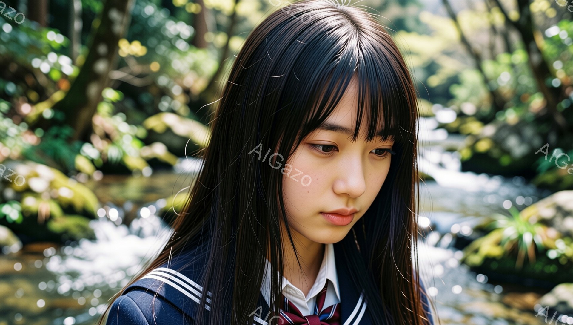 長い黒髪で、前髪がぱっつんとした若い女性が写っています。紺色のセーラー服を着ており、ネクタイには赤、黄、紺のストライプが入っています。背景には緑豊かな植物と水流が見え、少し憂いを帯びた表情で視線を落としています。