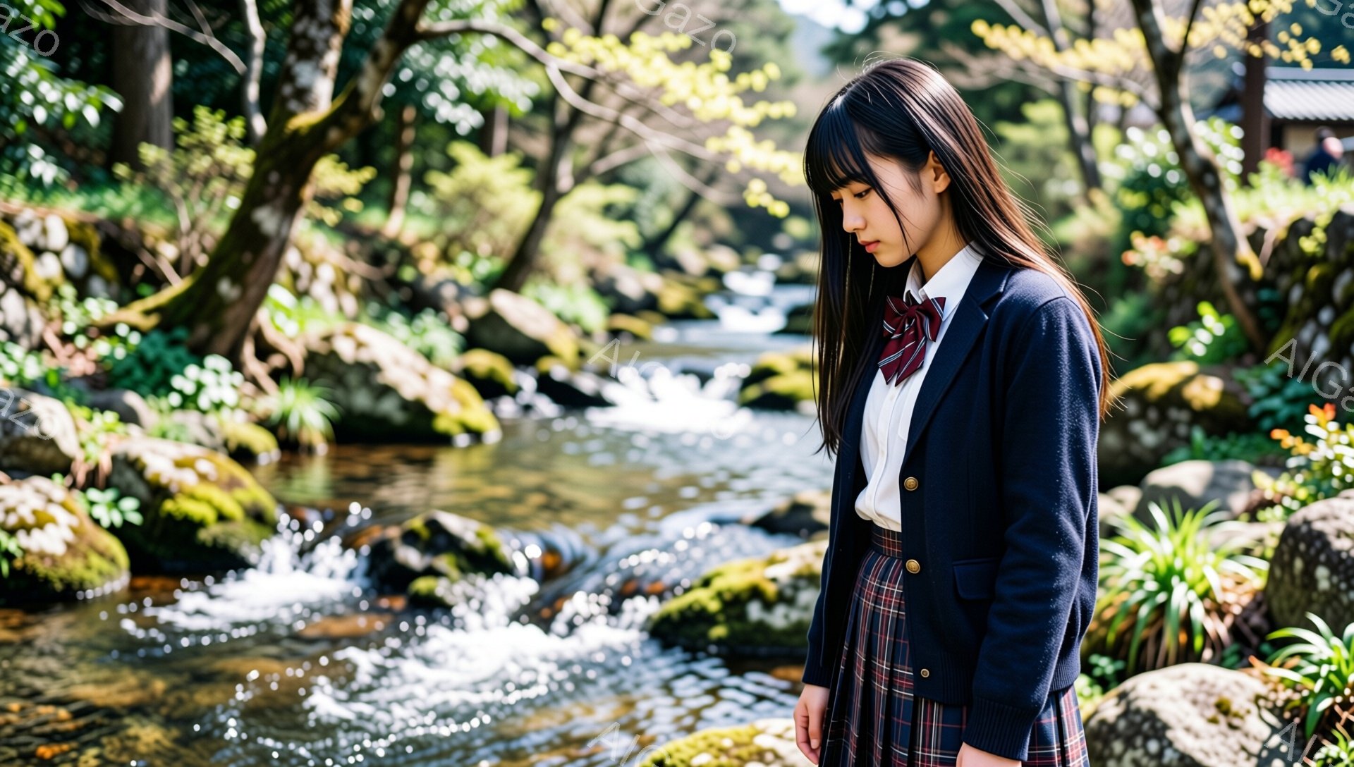 少女は紺色のブレザーにチェック柄のスカートを着用し、赤いネクタイと白いシャツを着ています。彼女は少しうつむき加減で、物思いにふけるような表情をしています。背景には緑豊かな木々や岩、そして水が流れる小川があり、穏やかで少し寂しげな雰囲気が漂っています。